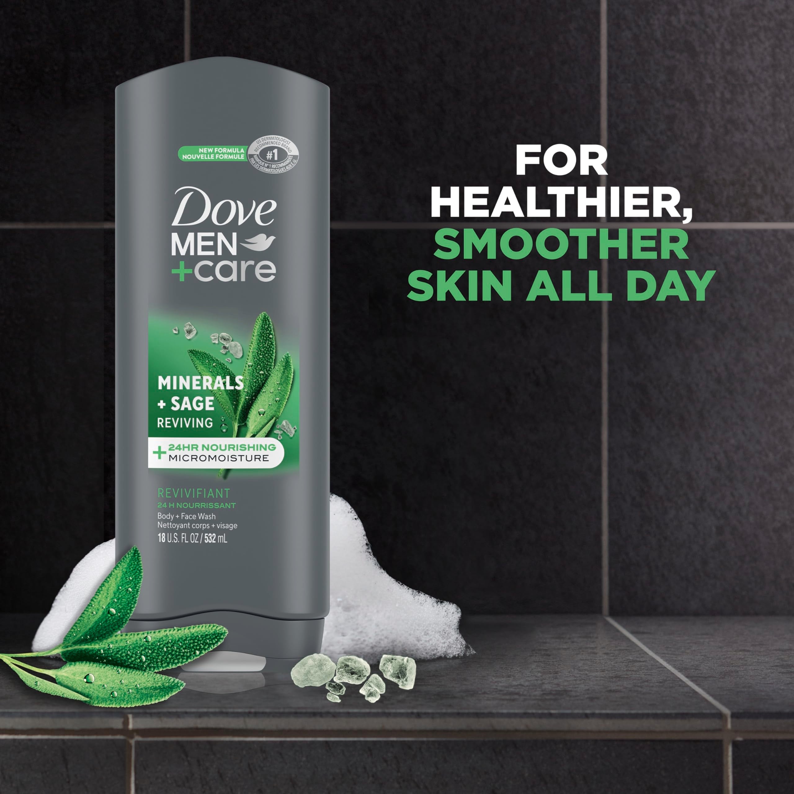 Dove Men+Care Mineral and Sage Body Wash – 4 Pack, 18 oz Each, Hydrating Cleanse for Men