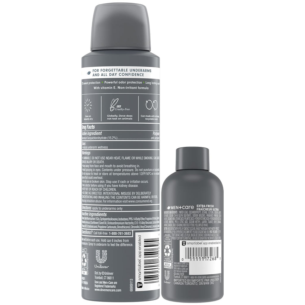 Dove Men+Care Dry Spray Antiperspirant 2-Pack + Travel Body Wash – 72H Protection, Extra Fresh Scent