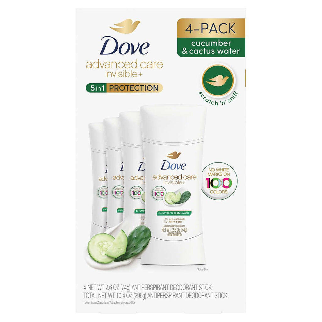 Dove Advanced Care Invisible+ Antiperspirant Stick – Cucumber & Cactus Water | 2.6 oz, 4 ct