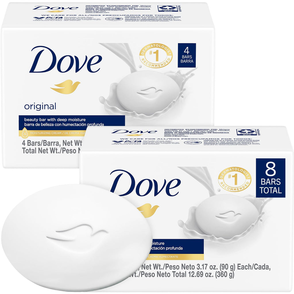 Dove Original Beauty Bar 2-Pack – 8 Bars, 3-in-1 Moisturizing Soap for Face, Body & Hands