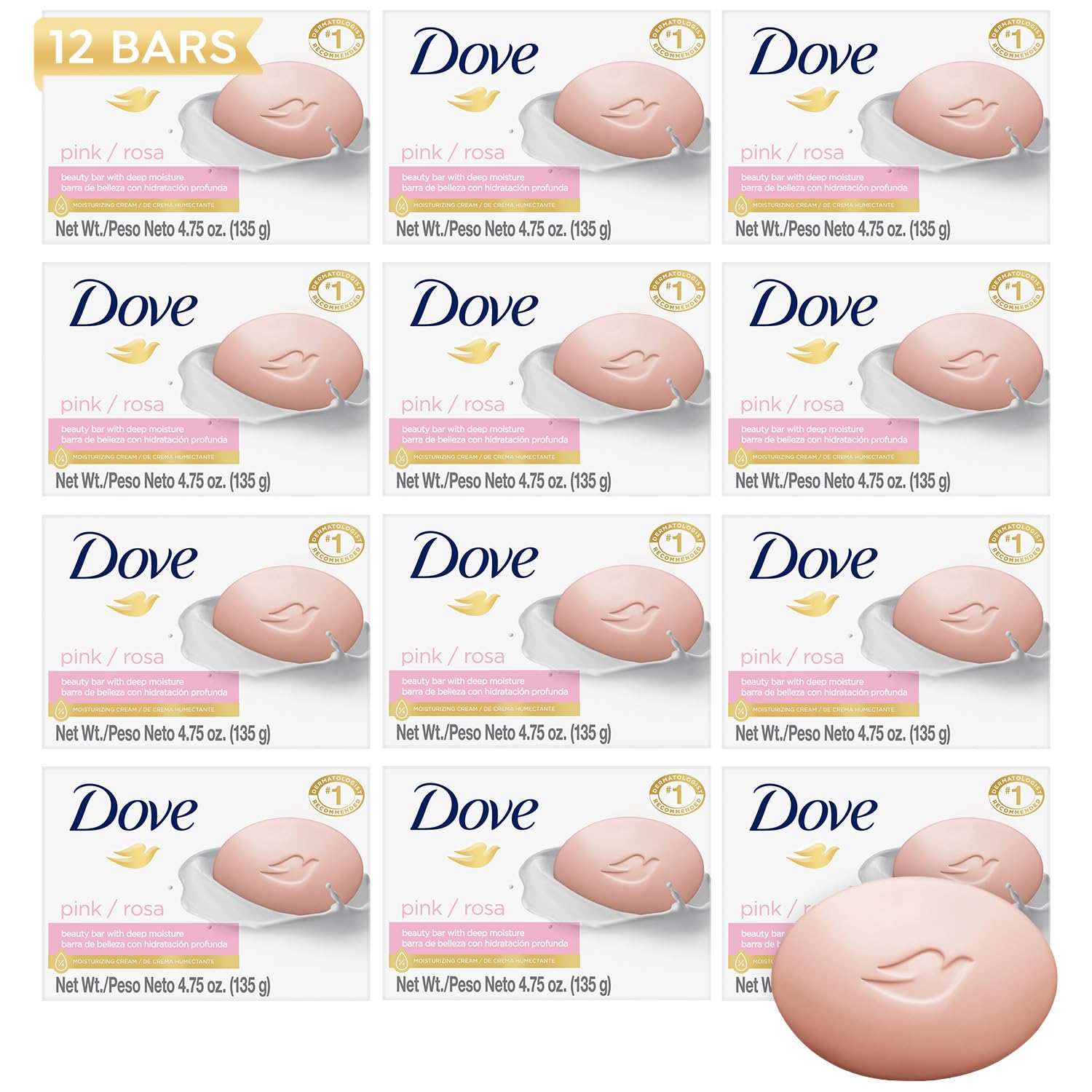 Dove Pink Beauty Bar 12-Pack – 3-in-1 Moisturizing Soap for Face, Body & Hands