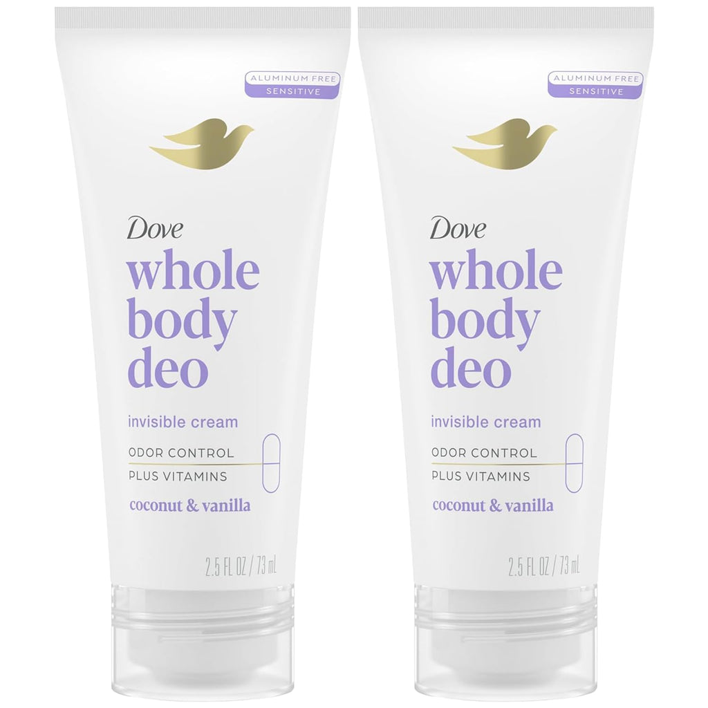 Dove Whole Body Deo Aluminum Free Invisible Cream Deodorant – Coconut & Vanilla, 72h Odor Control, Pack of 2 (2.5 oz each)