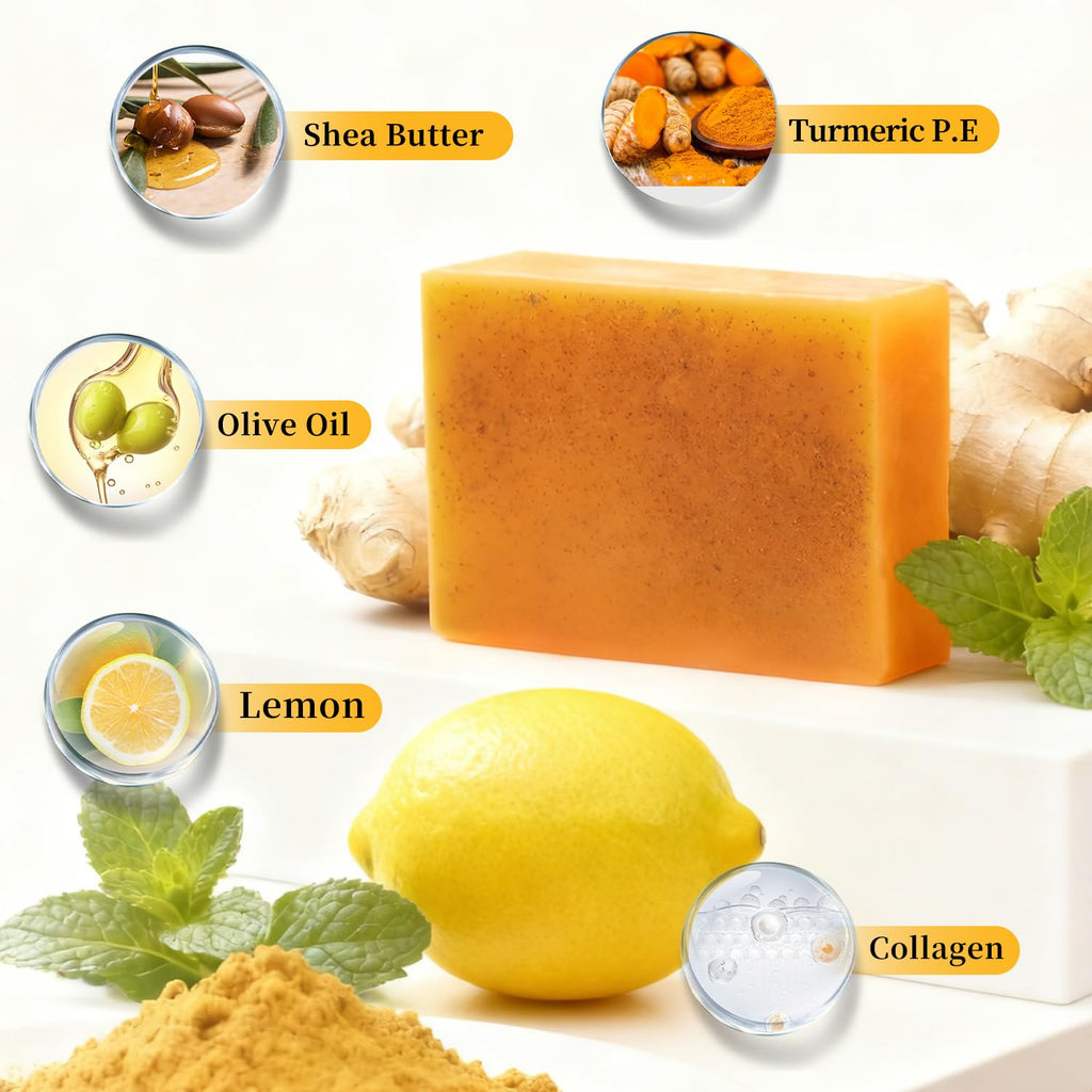 DOXOLATO Lemon Turmeric Soap Bars for Face & Body – 4 Bars + Net Sponge