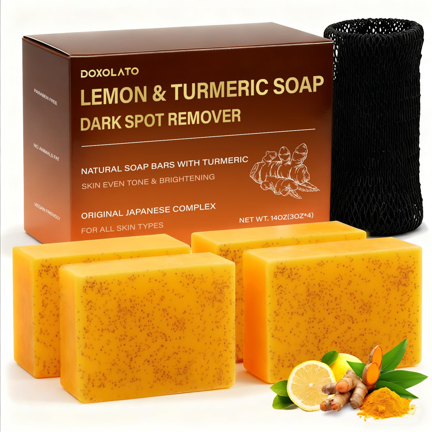DOXOLATO Lemon Turmeric Soap Bars for Face & Body – 4 Bars + Net Sponge