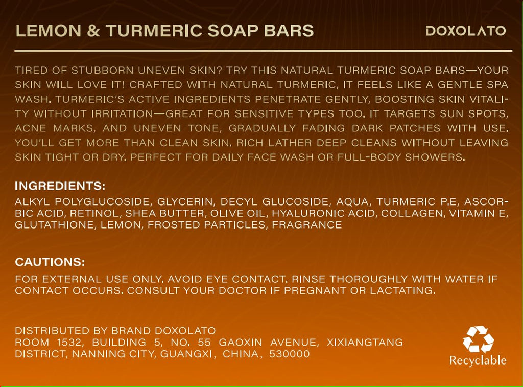 DOXOLATO Lemon Turmeric Soap Bars for Face & Body – 4 Bars + Net Sponge