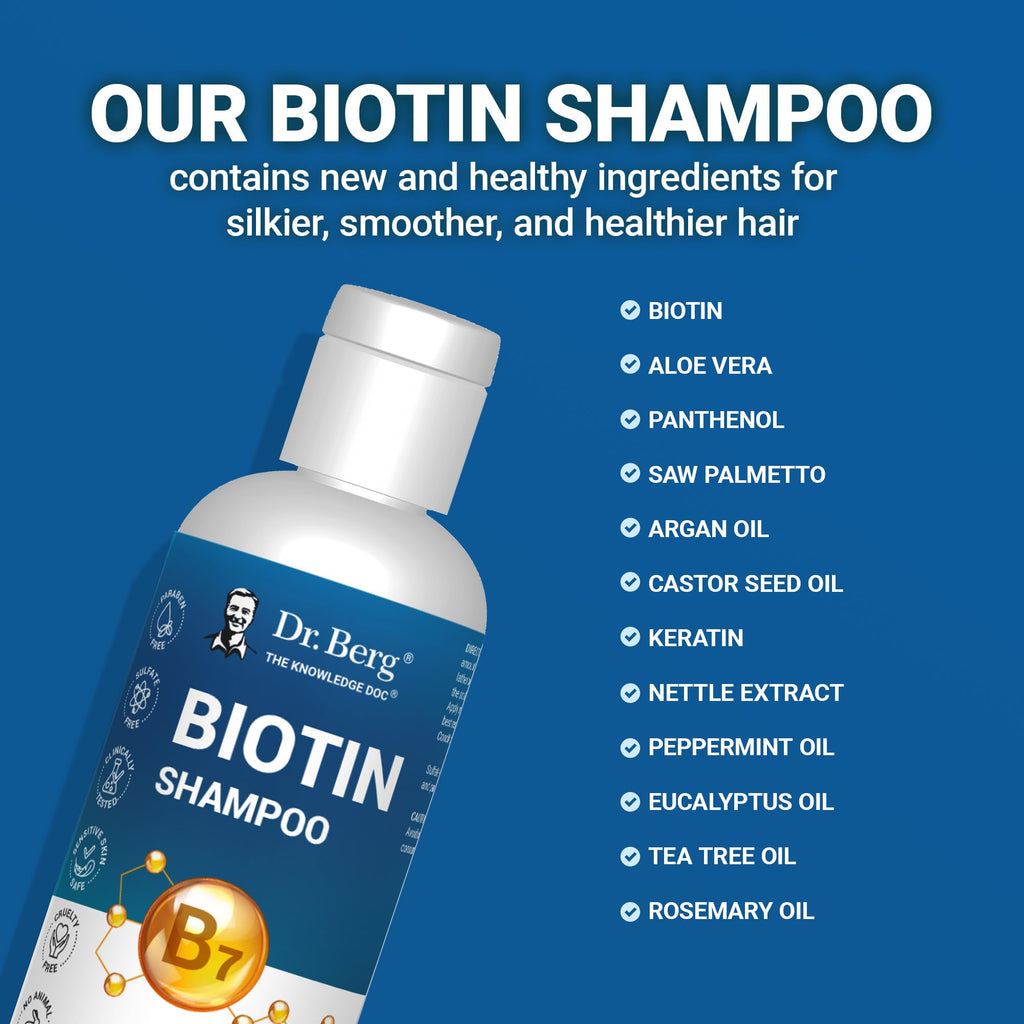 Dr. Berg Biotin Shampoo – Paraben/Sulfate/Silicone-Free, Argan Oil & Botanicals, 8 oz