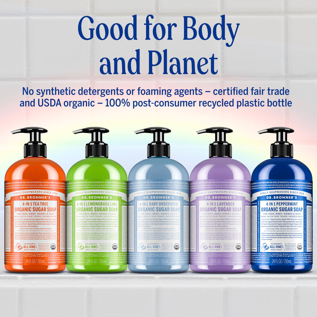 Dr. Bronner’s Organic Sugar Soap Peppermint – 64 oz, 4-in-1 Hand & Body Wash with Organic Oils