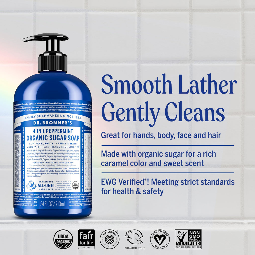 Dr. Bronner’s Organic Sugar Soap Peppermint – 64 oz, 4-in-1 Hand & Body Wash with Organic Oils