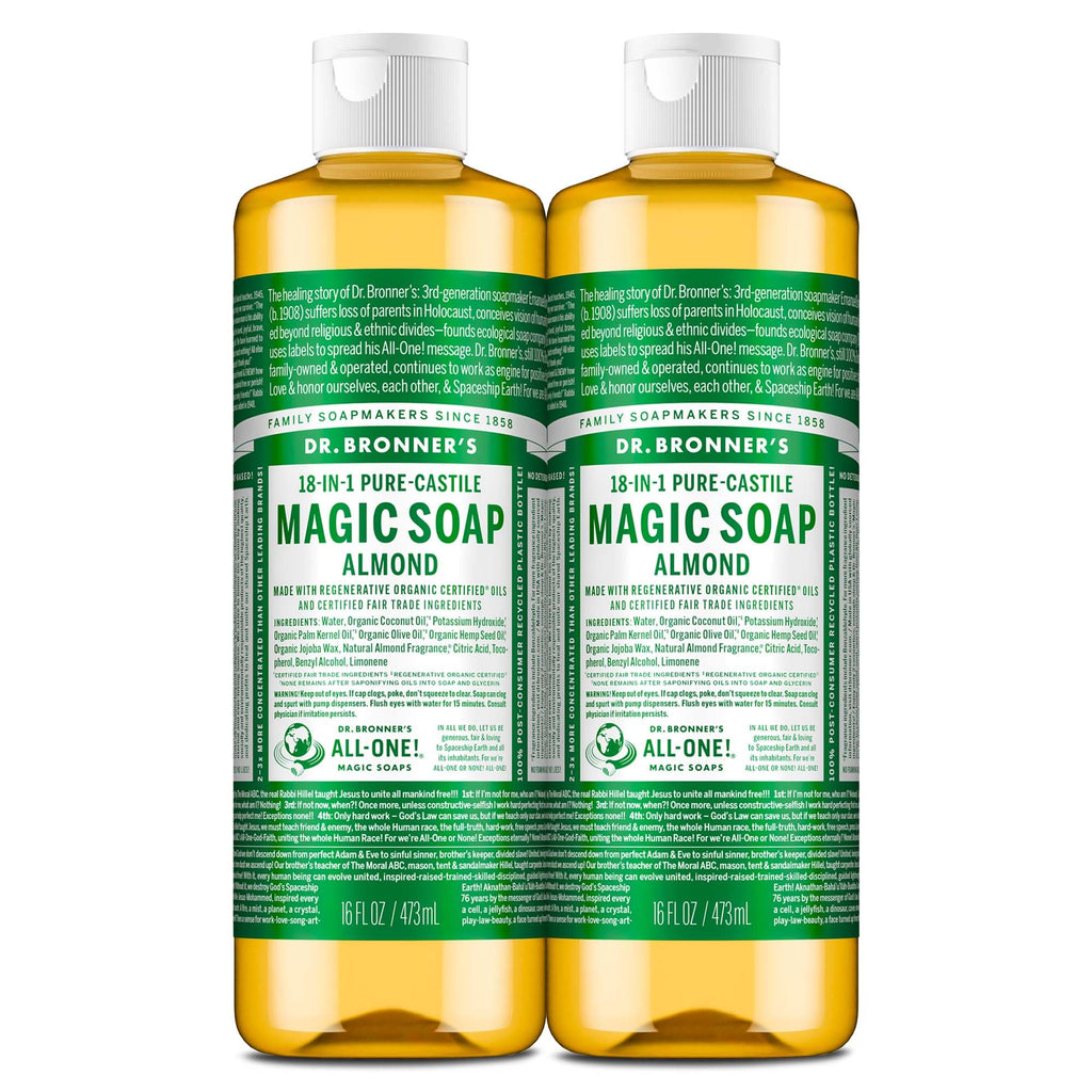 Dr. Bronner's Almond Castile Liquid Soap 16 oz (2-Pack) – 18-in-1 Uses