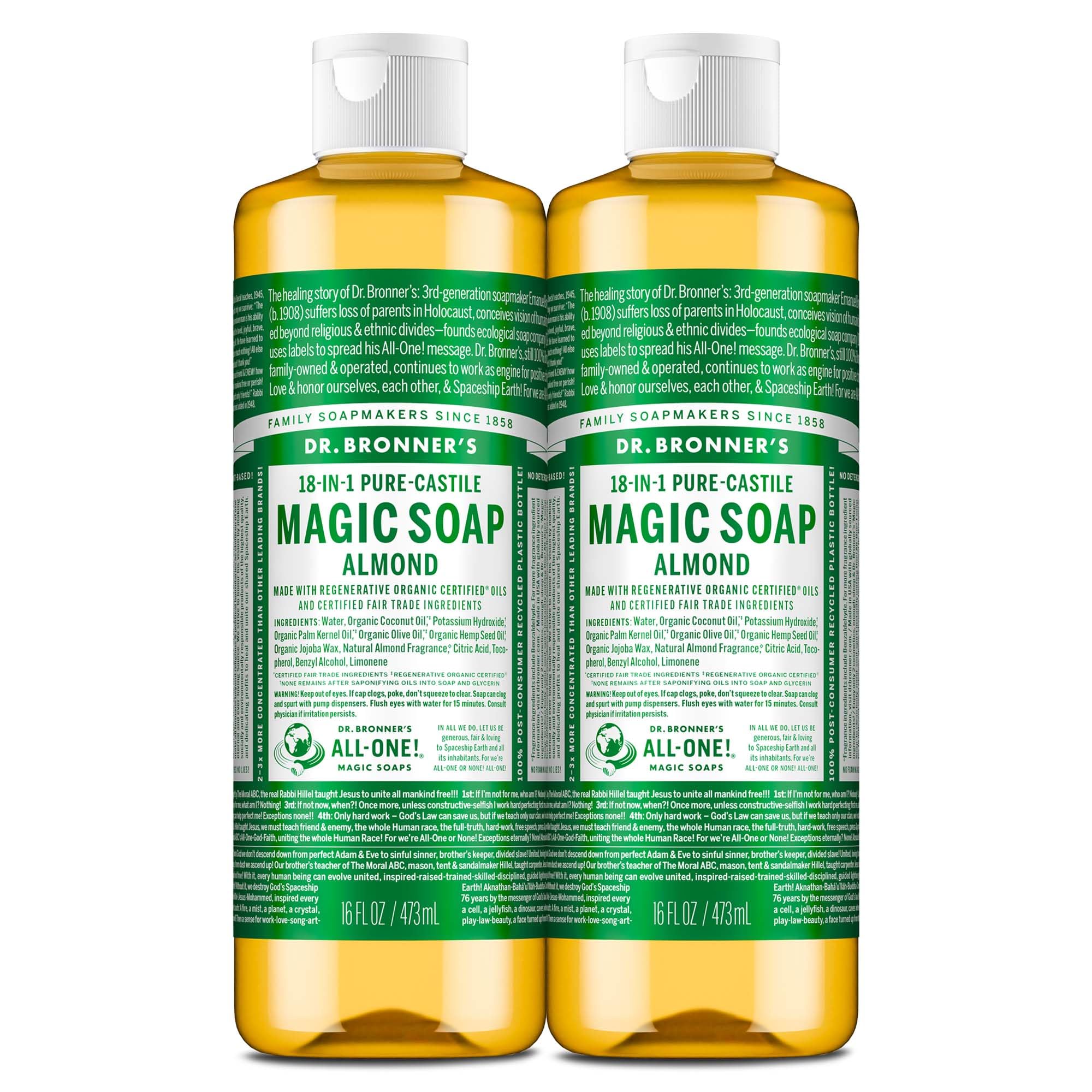 Dr. Bronner's Almond Castile Liquid Soap 16 oz (2-Pack) – 18-in-1 Uses