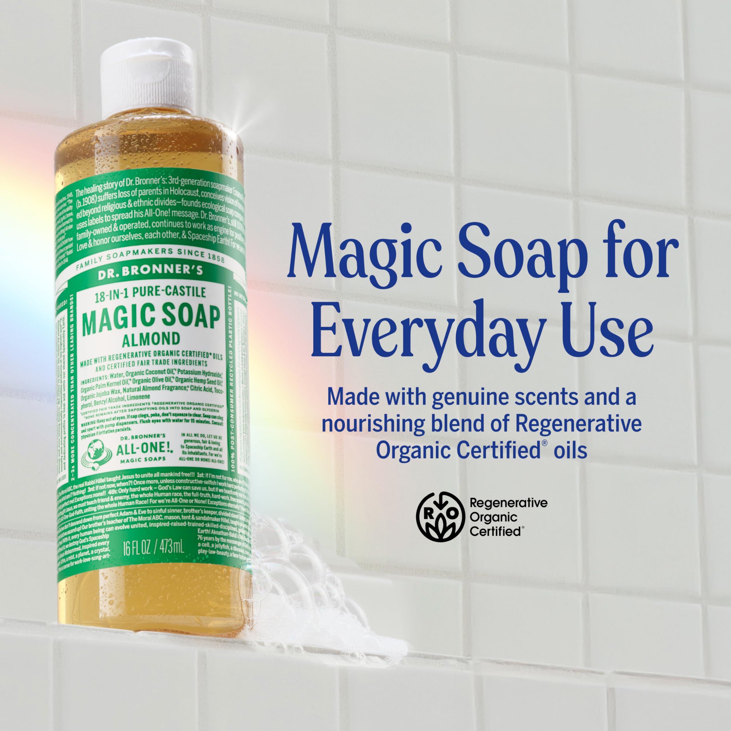 Dr. Bronner's Almond Castile Liquid Soap 16 oz (2-Pack) – 18-in-1 Uses