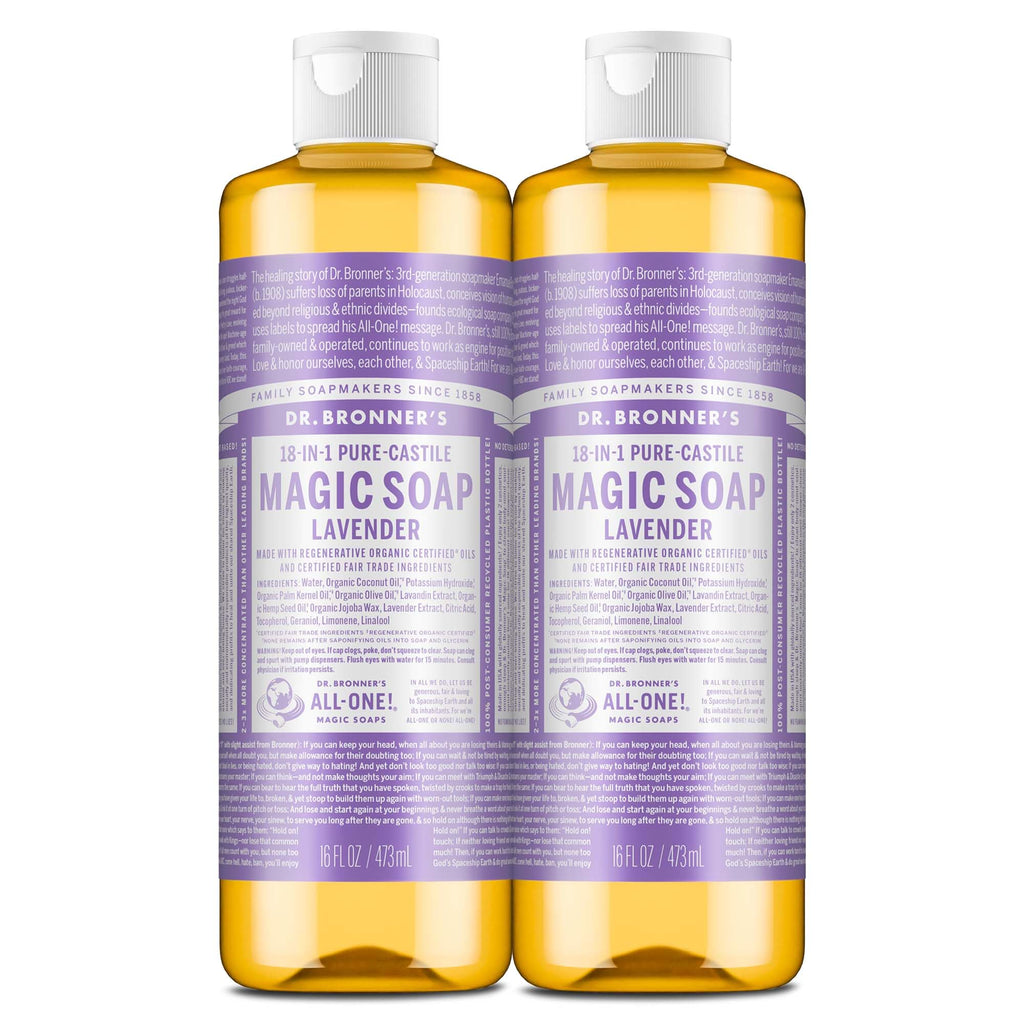 Dr. Bronner's Lavender Pure-Castile Liquid Soap (16 oz, 2-Pack) – 18-in-1 Uses, Regenerative Organic Oils, Vegan