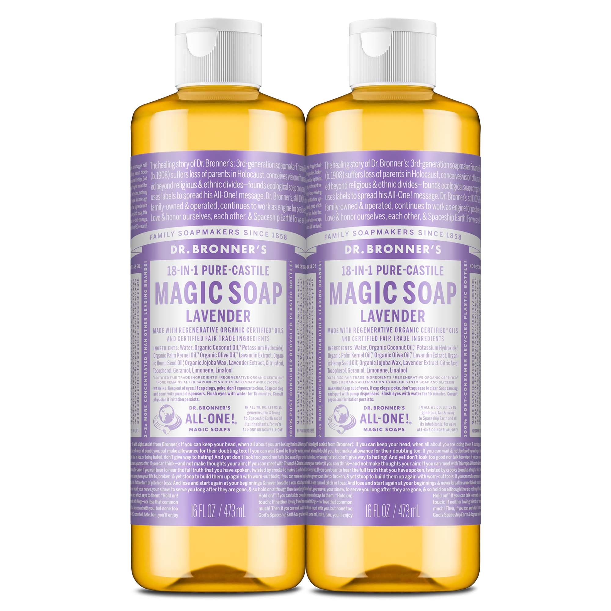 Dr. Bronner's Lavender Pure-Castile Liquid Soap (16 oz, 2-Pack) – 18-in-1 Uses, Regenerative Organic Oils, Vegan