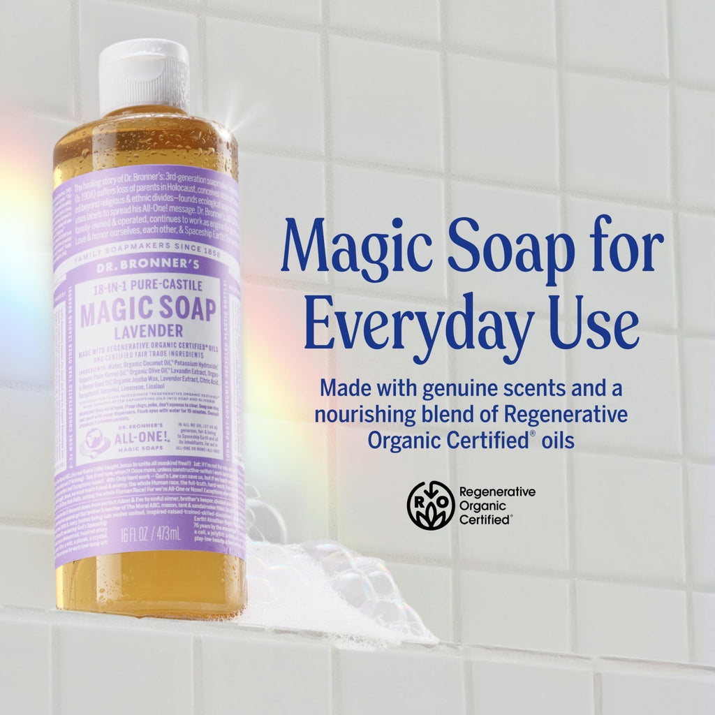 Dr. Bronner's Lavender Pure-Castile Liquid Soap (16 oz, 2-Pack) – 18-in-1 Uses, Regenerative Organic Oils, Vegan