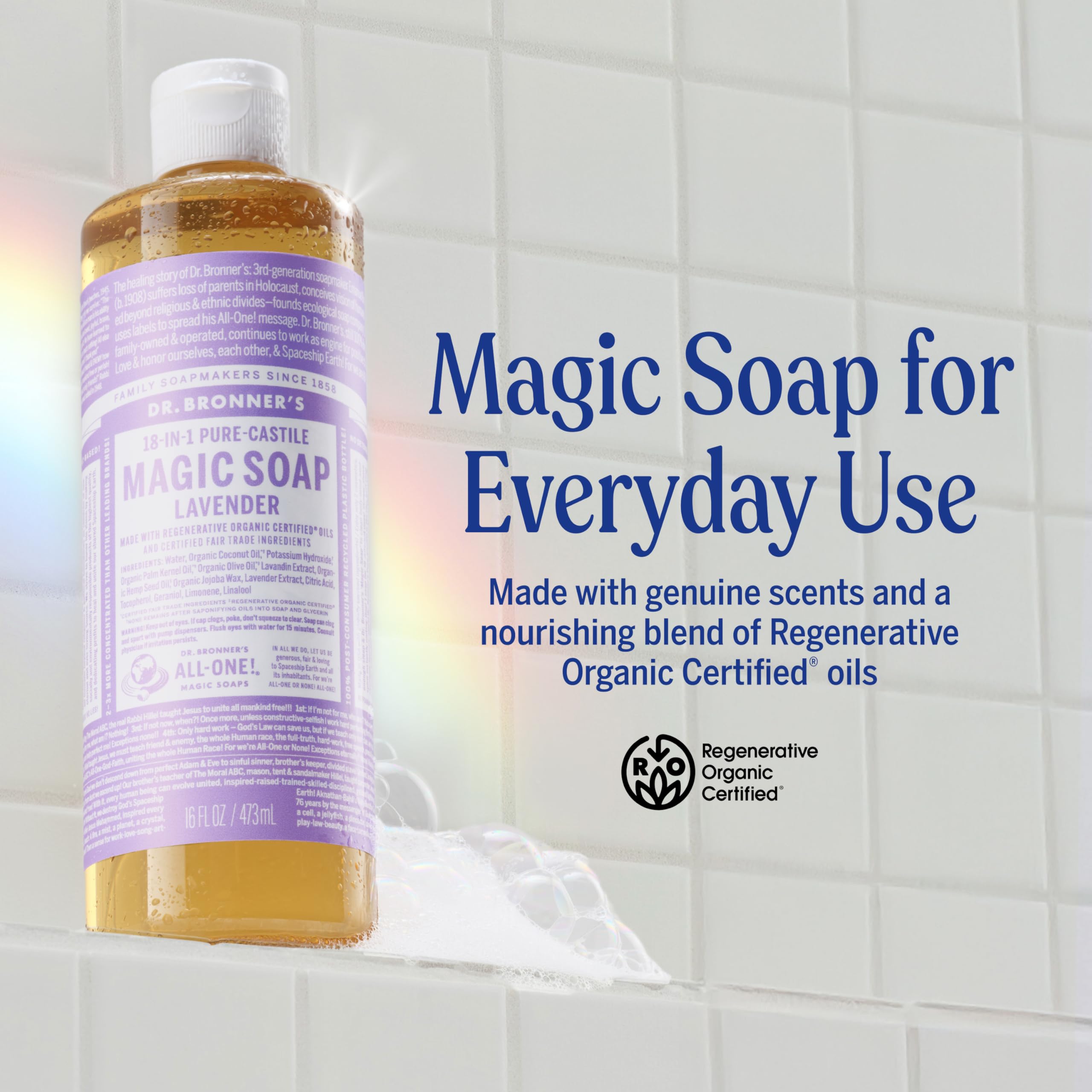 Dr. Bronner's Lavender Pure-Castile Liquid Soap (16 oz, 2-Pack) – 18-in-1 Uses, Regenerative Organic Oils, Vegan
