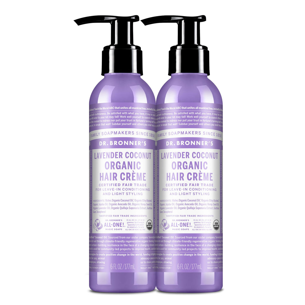 Dr. Bronner's Organic Hair Crème Lavender Coconut – Leave-In Conditioner & Styling Cream (6oz, 2-Pack)