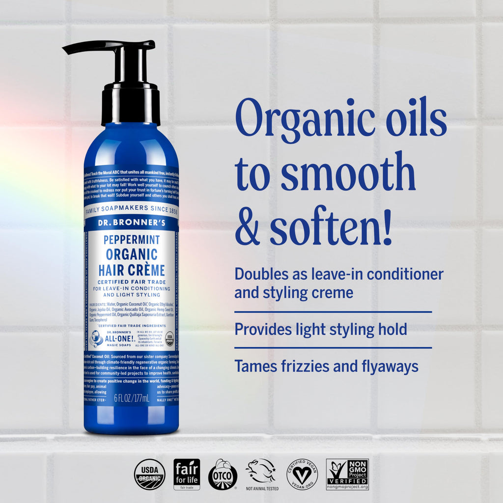 Dr. Bronner's Organic Hair Crème Peppermint – 6 oz, 2-Pack | Leave-In Conditioner & Styling Cream