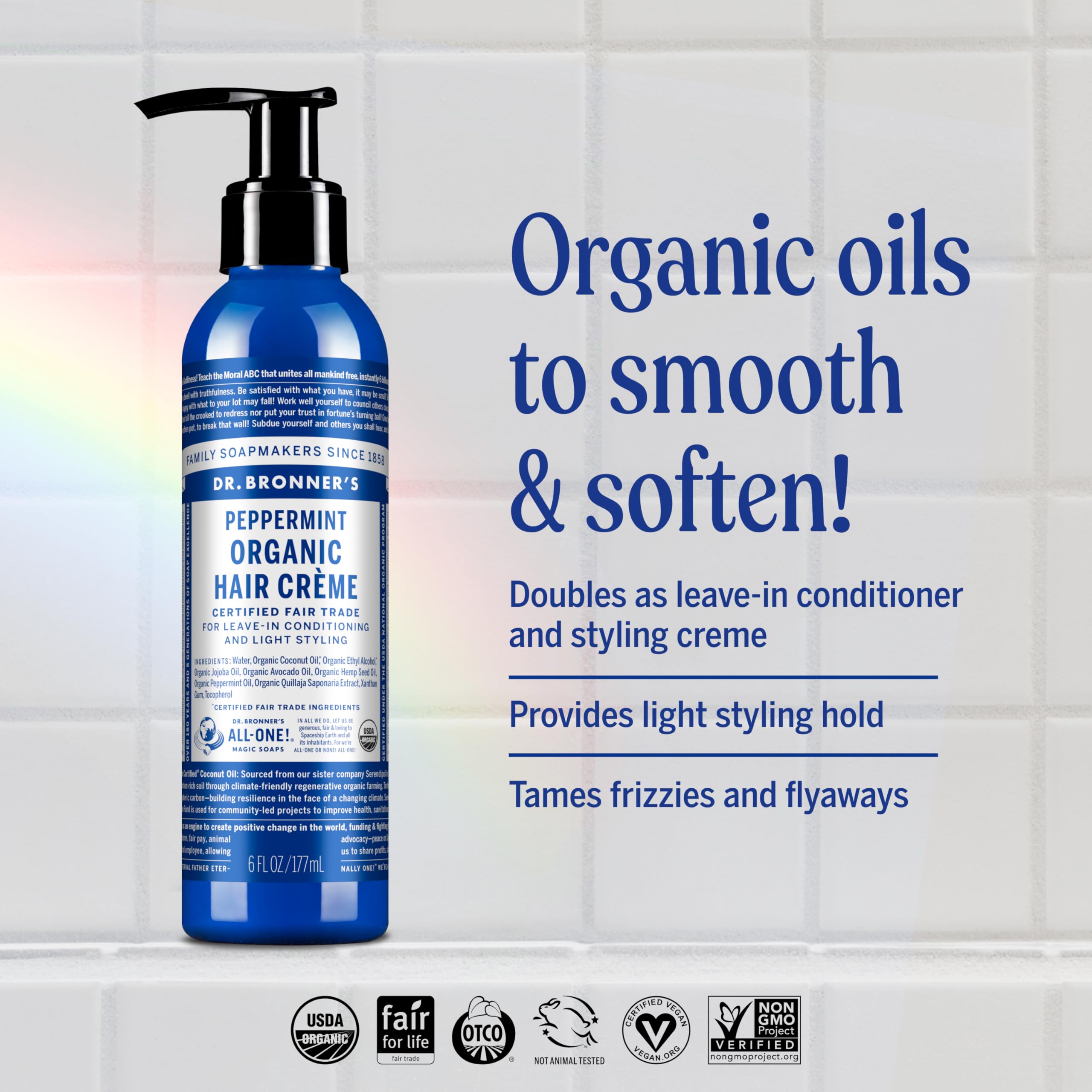 Dr. Bronner's Organic Hair Crème Peppermint – 6 oz, 2-Pack | Leave-In Conditioner & Styling Cream