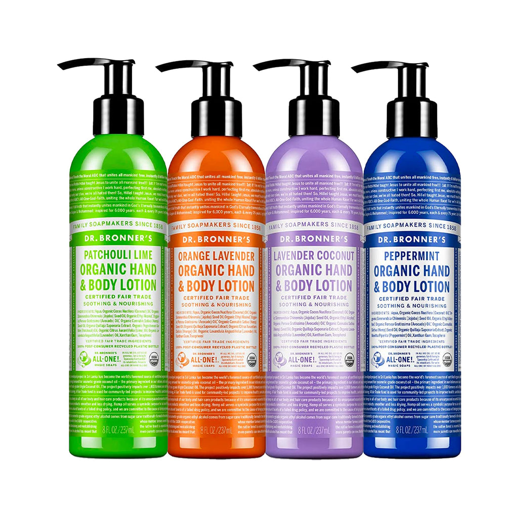 Dr. Bronner's Organic Lotion Variety Pack (8 oz) – Peppermint, Lavender Coconut, Orange Lavender & Patchouli Lime | Body Lotion & Moisturizer