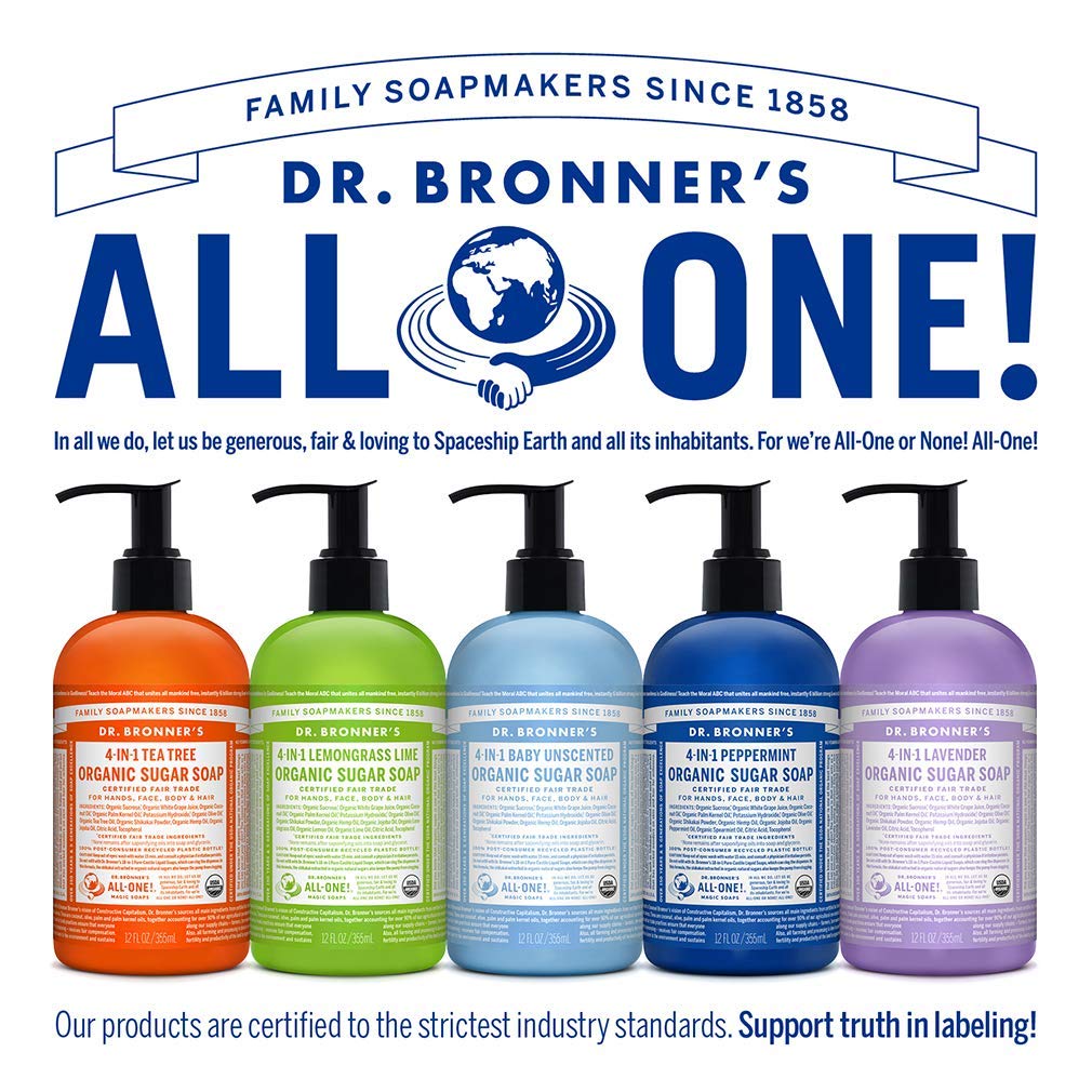 Dr. Bronner's Organic Sugar Soap Variety Pack – Lavender, Peppermint, Tea Tree, Lemongrass (4 x 12 oz)