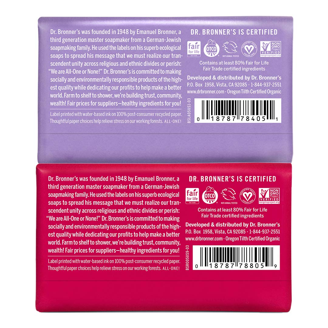 Dr. Bronner's Pure-Castile Bar Soap 2-Pack – Rose & Lavender | Organic Oils, Vegan, Cruelty-Free