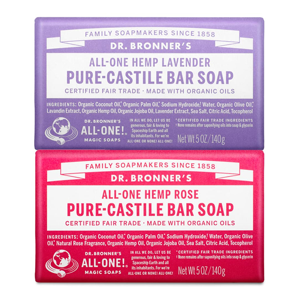 Dr. Bronner's Pure-Castile Bar Soap 2-Pack – Rose & Lavender | Organic Oils, Vegan, Cruelty-Free