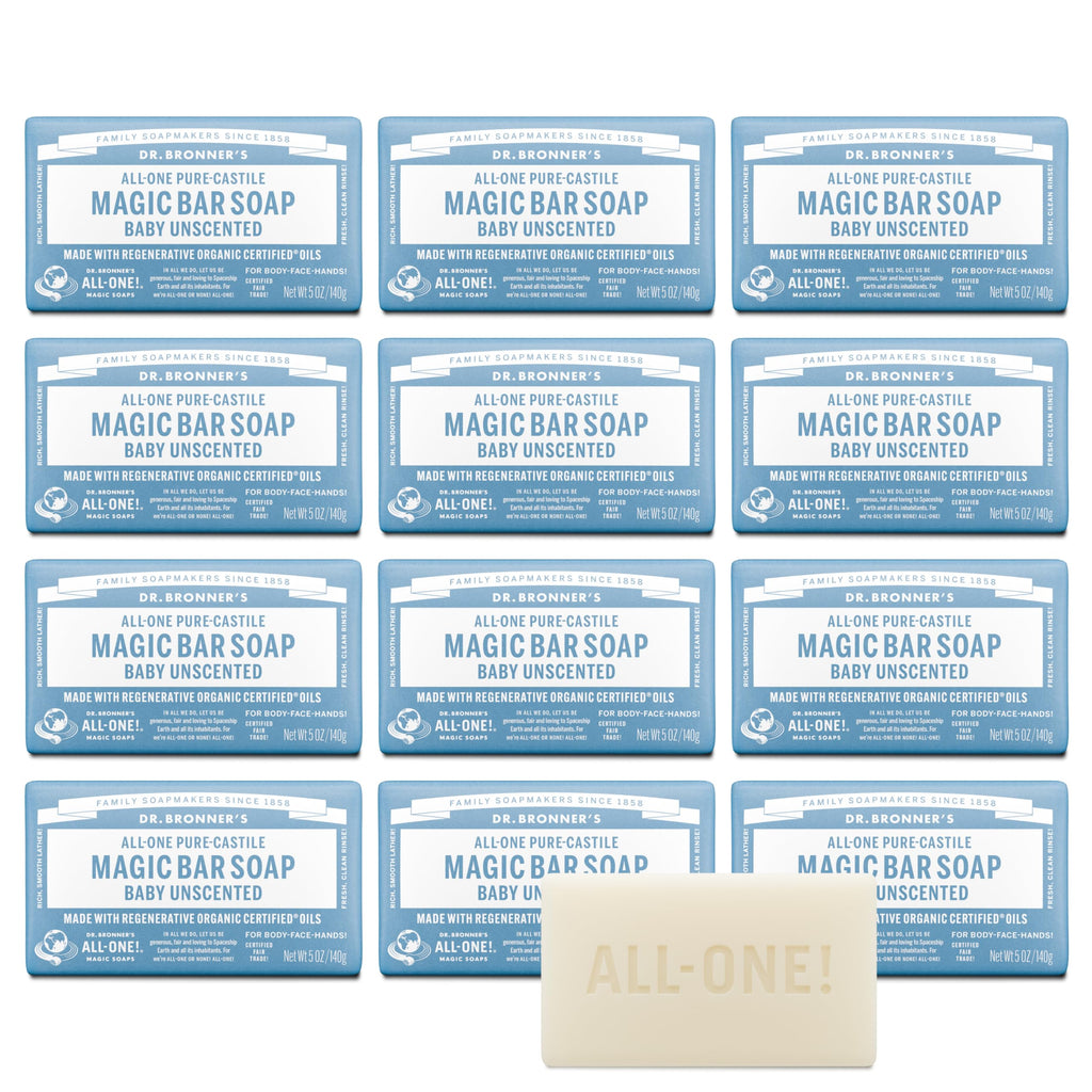 Dr. Bronner's Pure-Castile Magic Bar Soap Baby Unscented – Regenerative Organic Oils, 12-Pack