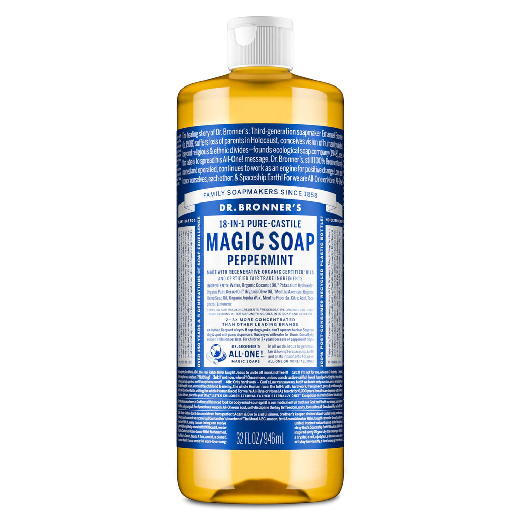 Dr. Bronner's Pure-Castile Magic Liquid Soap - Peppermint, 32oz | 18-in-1 Uses