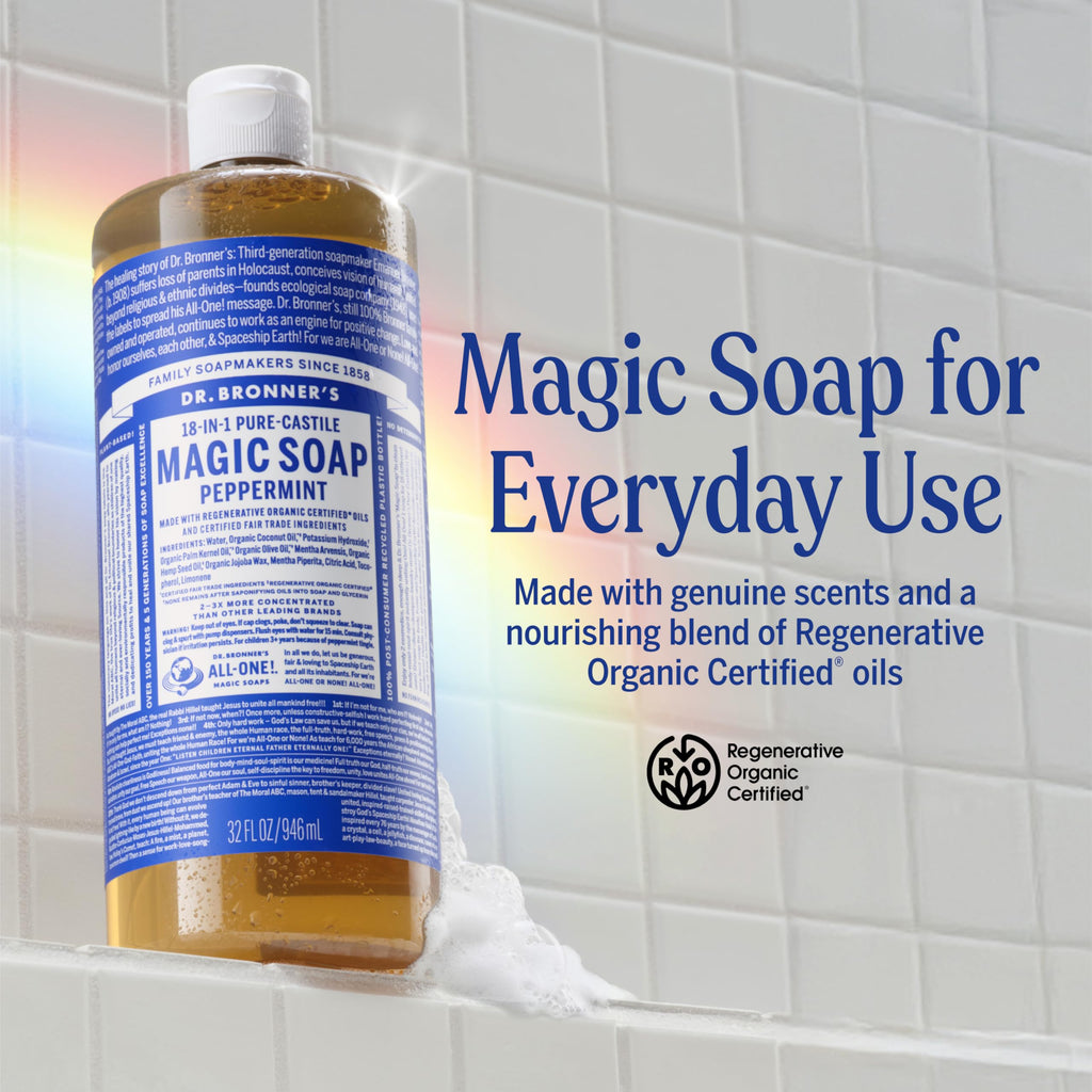 Dr. Bronner's Peppermint Pure-Castile Magic Soap 32 oz (2-Pack) | Organic Oils, Fair Trade