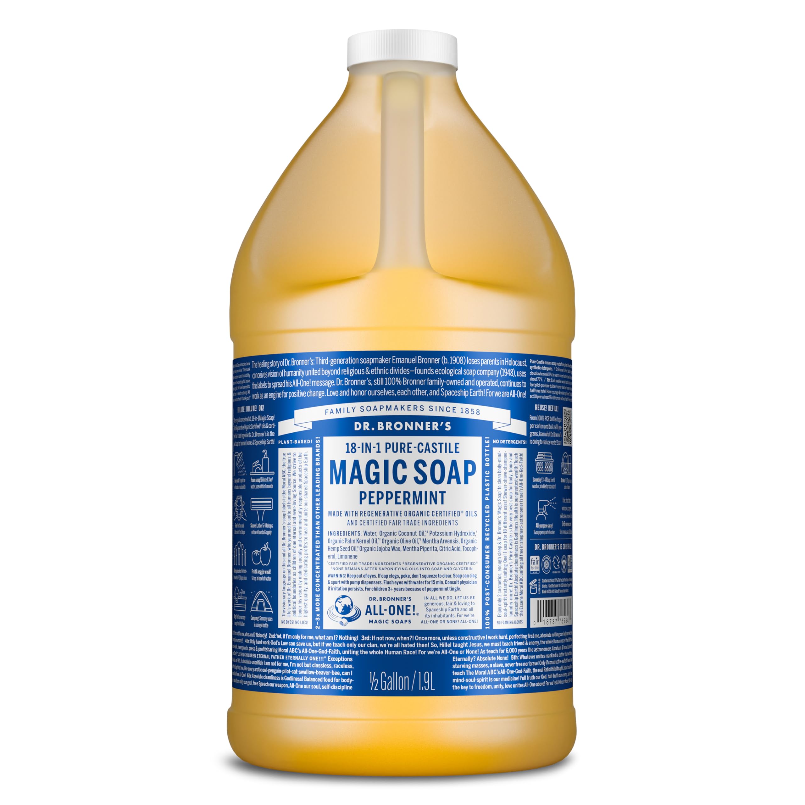 Dr. Bronner's Pure-Castile Peppermint Liquid Soap – 64 oz | Regenerative Organic Oils, Multi-Purpose & Vegan