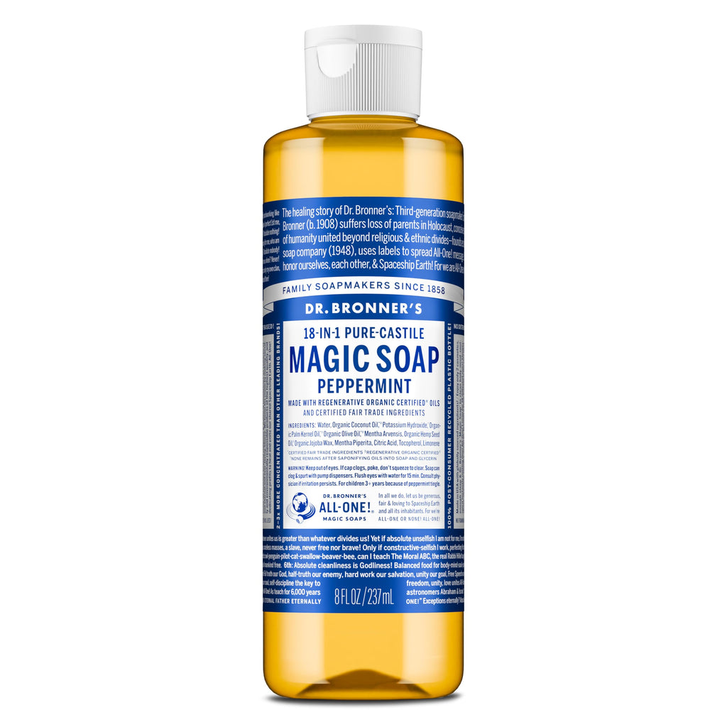 Dr. Bronner's Pure-Castile Peppermint Soap (8 oz) – 18-in-1 Uses, Organic & Fair Trade