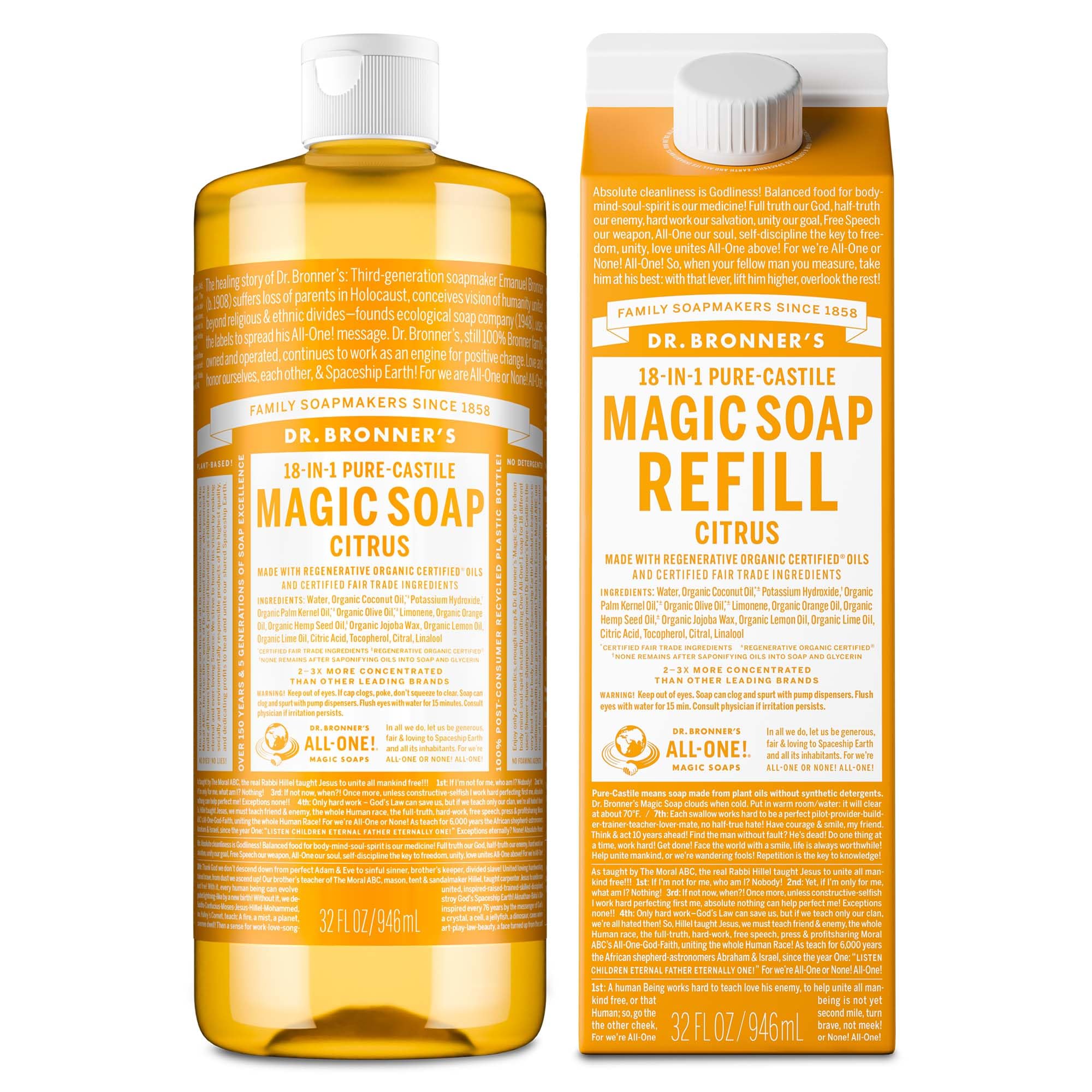 Dr. Bronner's Pure-Castile Magic Soap Liquid – Citrus (32oz) + Refill | 18-in-1 Multi-Use