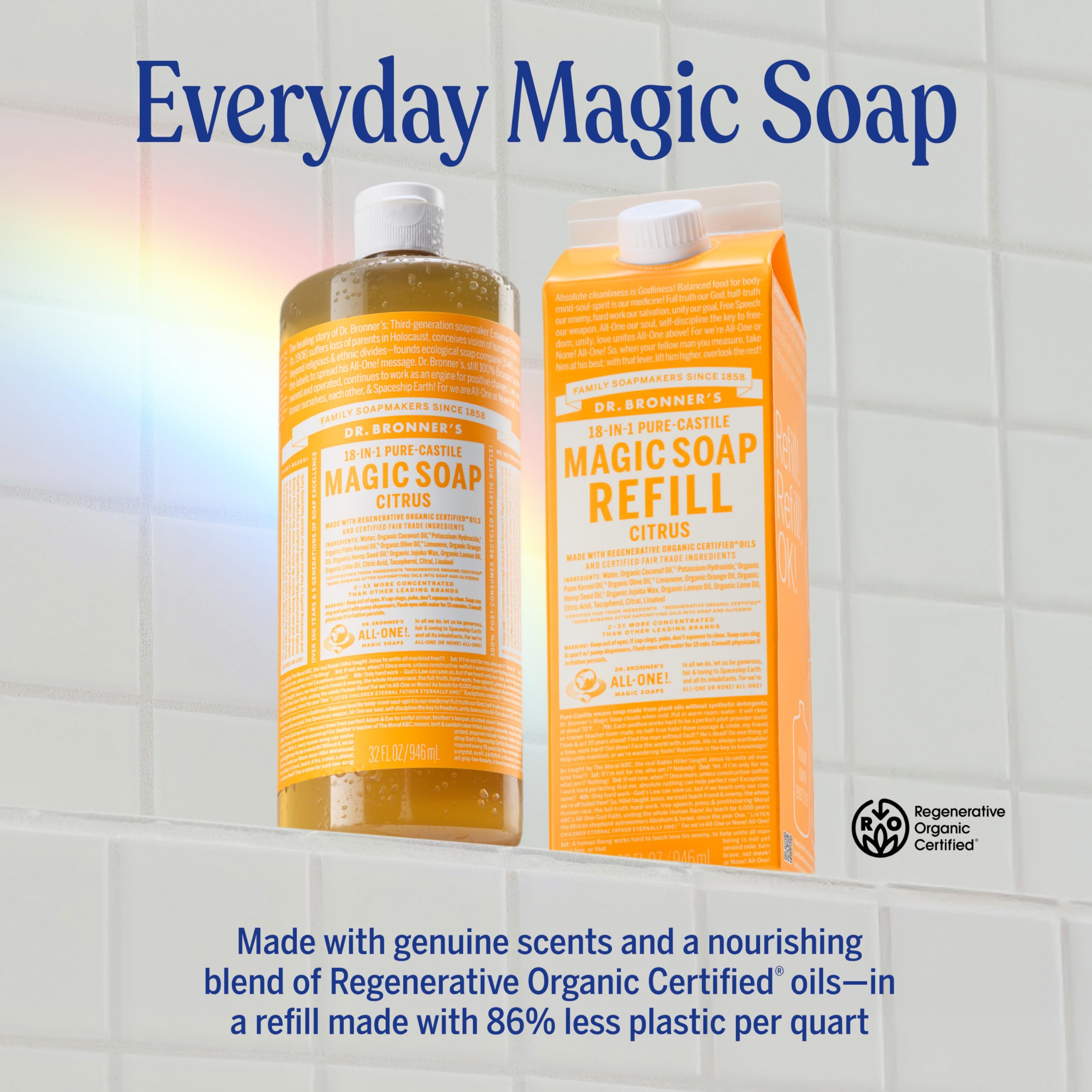 Dr. Bronner's Pure-Castile Magic Soap Liquid – Citrus (32oz) + Refill | 18-in-1 Multi-Use
