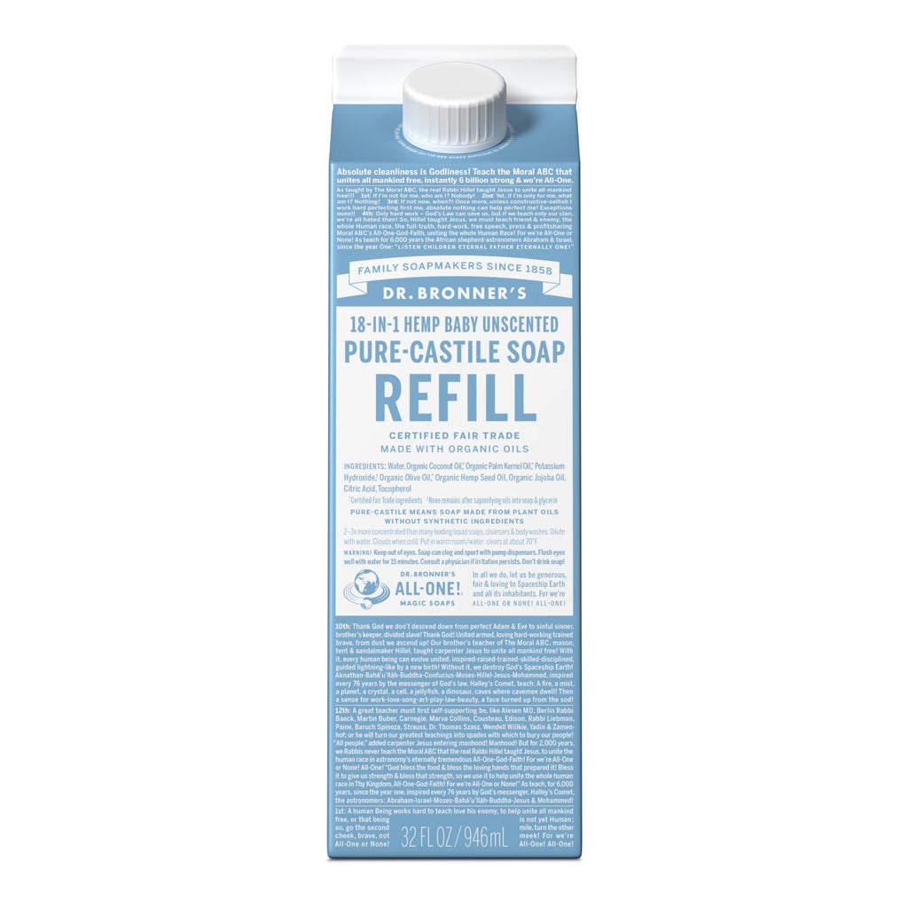 Dr. Bronner's Pure-Castile Soap Refill (32oz) – Regenerative Organic Oils, 86% Less Plastic, Baby Unscented, 18-in-1 Uses