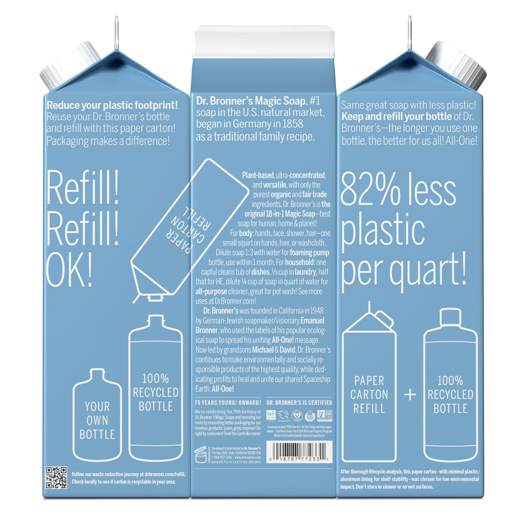 Dr. Bronner's Pure-Castile Soap Refill (32oz) – Regenerative Organic Oils, 86% Less Plastic, Baby Unscented, 18-in-1 Uses