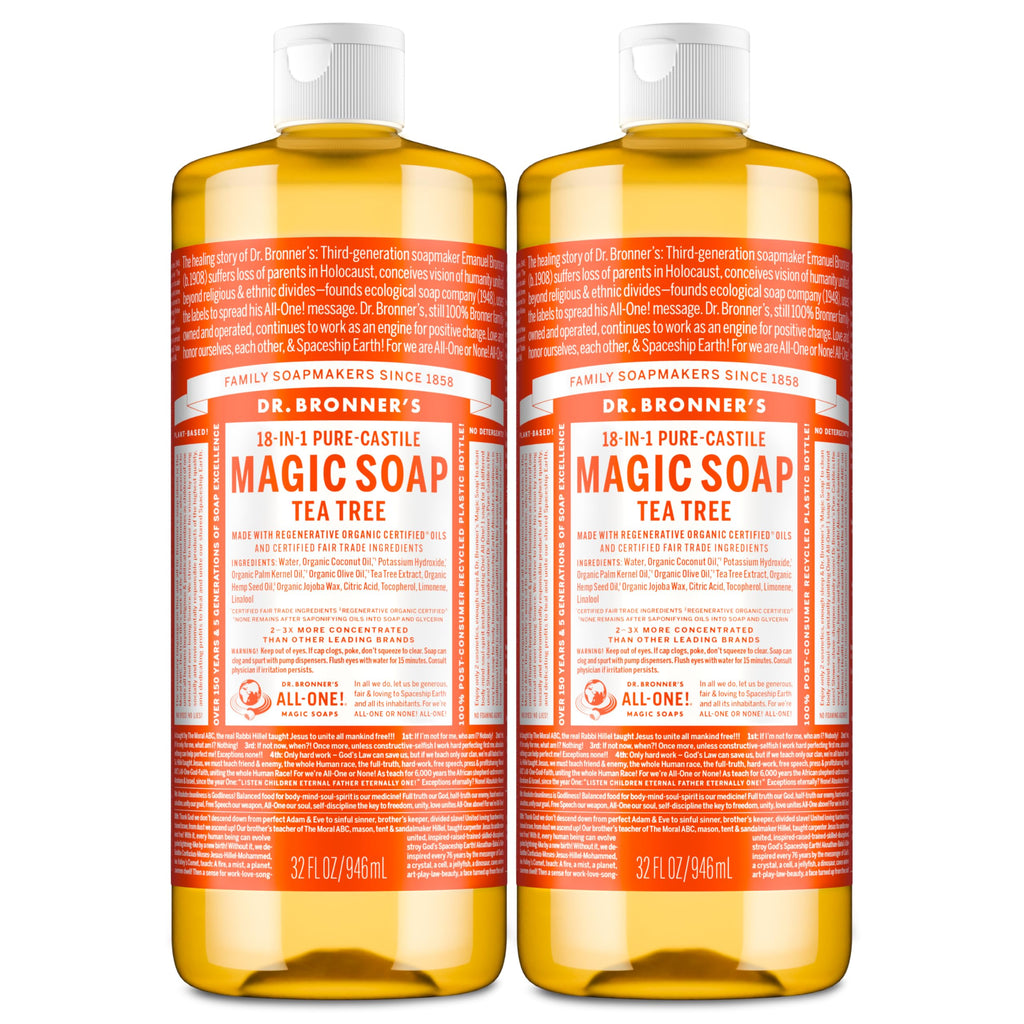 Dr. Bronner's Pure-Castile Tea Tree Soap Liquid – 32 oz x 2 Pack, Regenerative Organic Oils, 18-in-1 Uses
