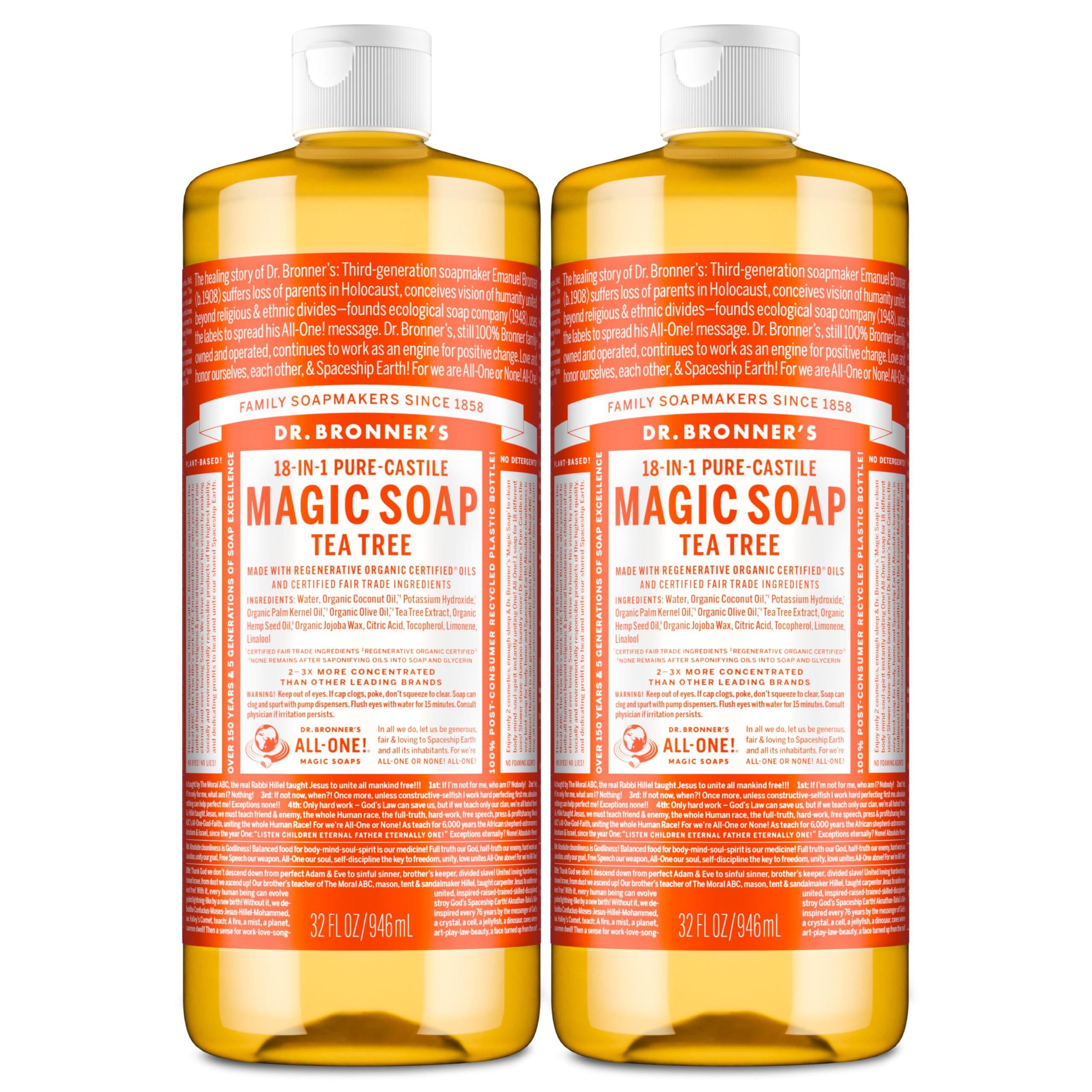Dr. Bronner's Pure-Castile Tea Tree Soap Liquid – 32 oz x 2 Pack, Regenerative Organic Oils, 18-in-1 Uses