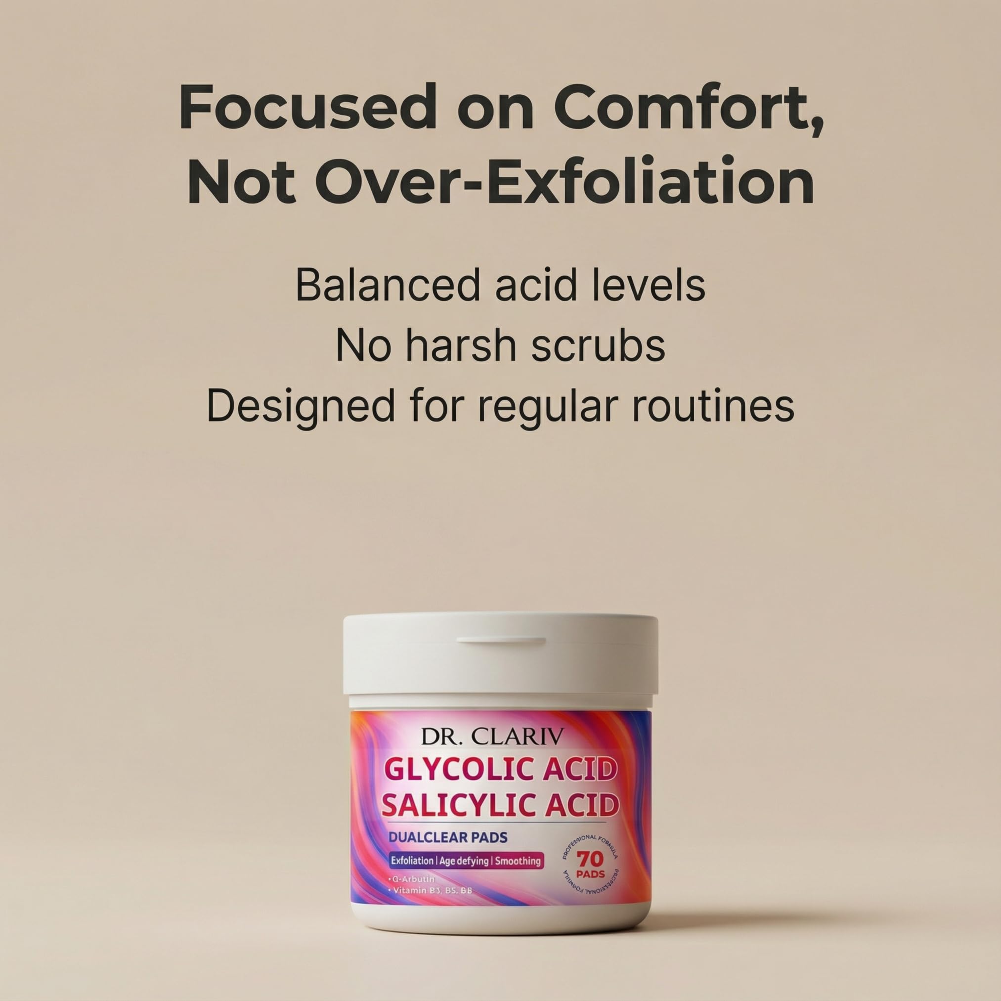 DR. CLARIV Exfoliating Pads with Glycolic 3% & Salicylic 0.5% — Unscented, Large 70 Count