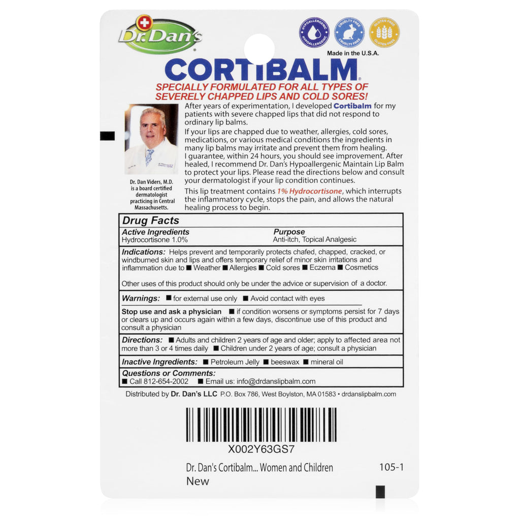 Dr. Dan's Cortibalm 4 Pack – Lip Balm for Severe Chapped Lips (1% Hydrocortisone), Gentle & Hypoallergenic