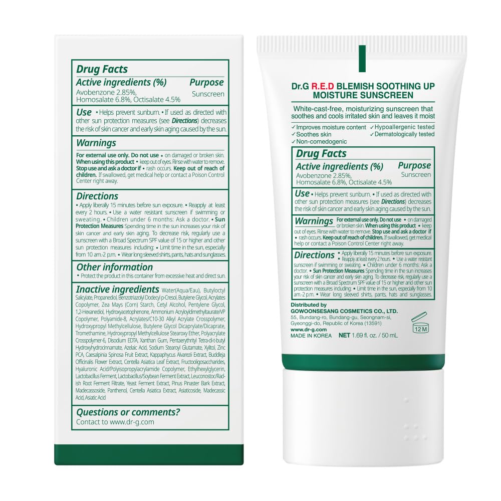 Dr.G R.E.D. Blemish Soothing Up Moisture Sunscreen – Hydrating, Non-Greasy Broad Spectrum SPF for Sensitive Skin