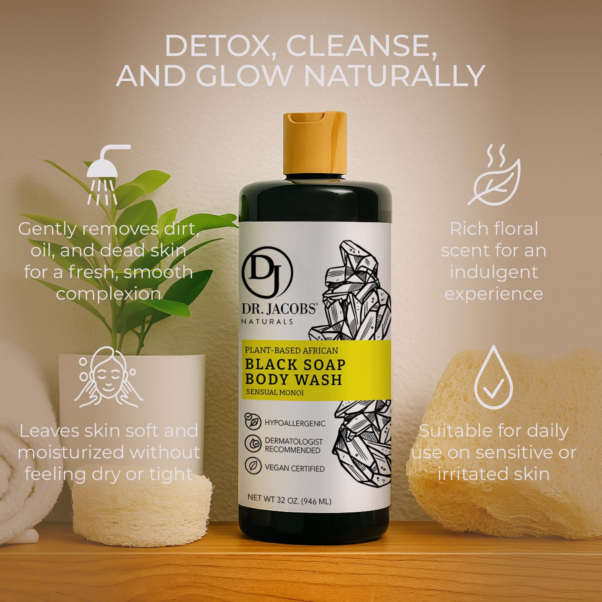 DR.JACOBS NATURALS African Black Soap with Monoi Scent – All-In-One 32oz