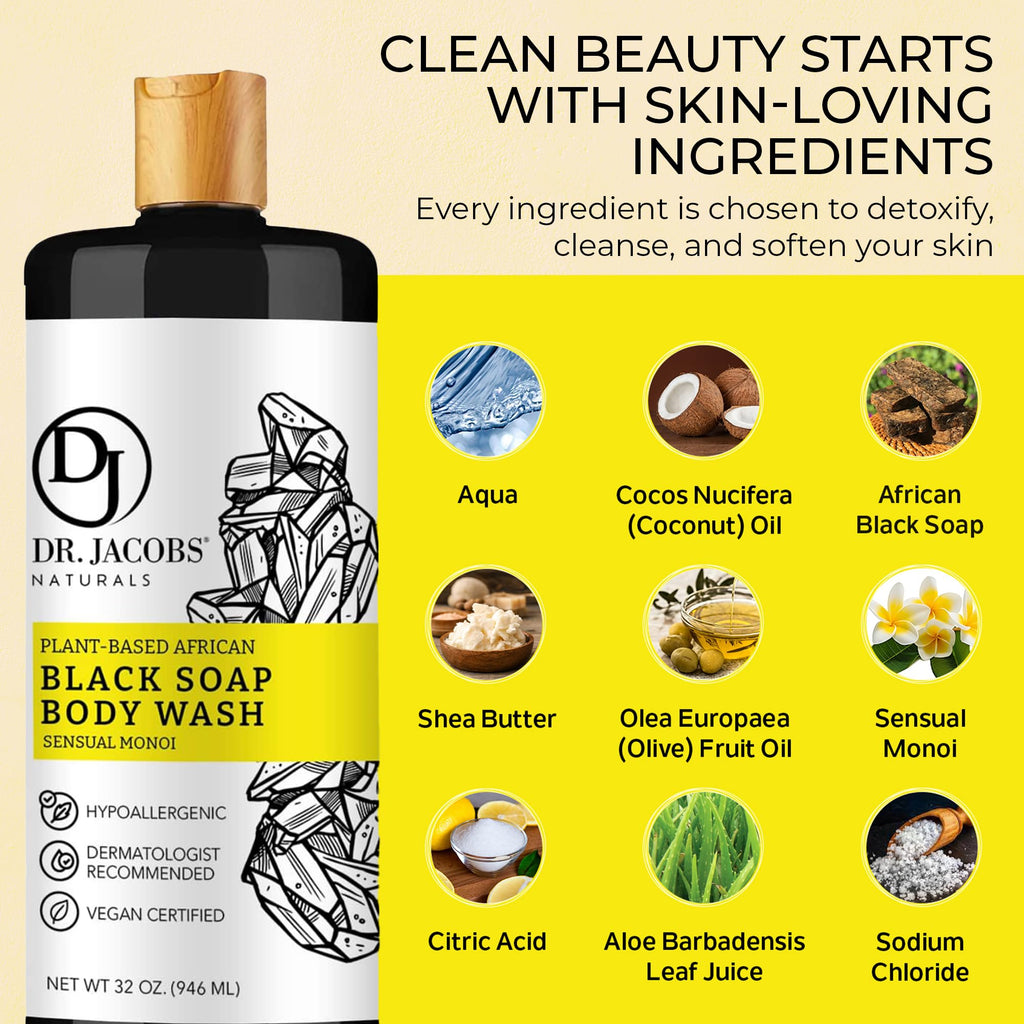 Dr Jacobs Naturals African Black Liquid Soap with Monoi Scent – All-In-One Wash (32oz 2pk)
