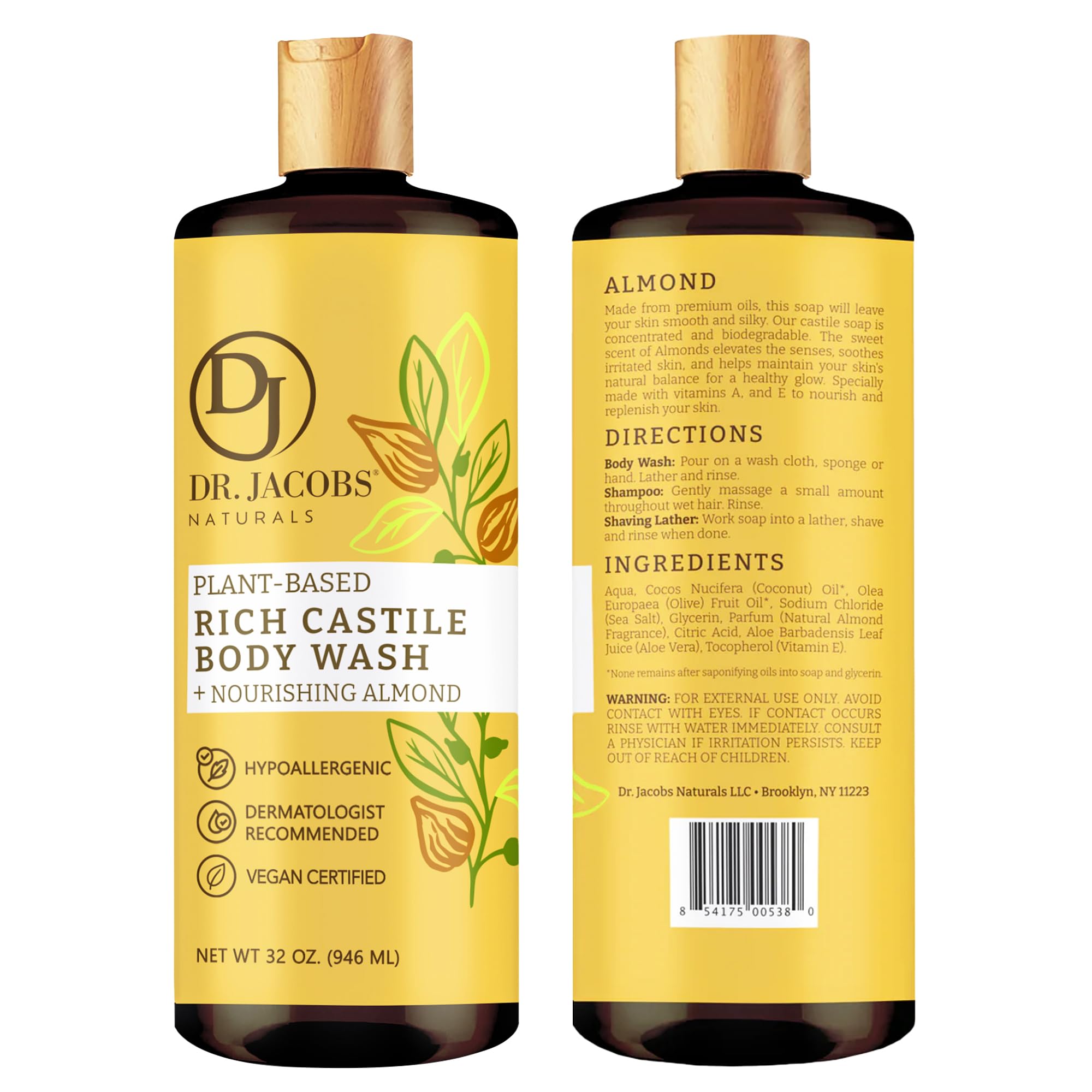 Dr. Jacobs Naturals Pure Castile Soap Almond Body Wash – Plant-Based, Aloe & Vitamin E, 32 oz (Pack of 2)
