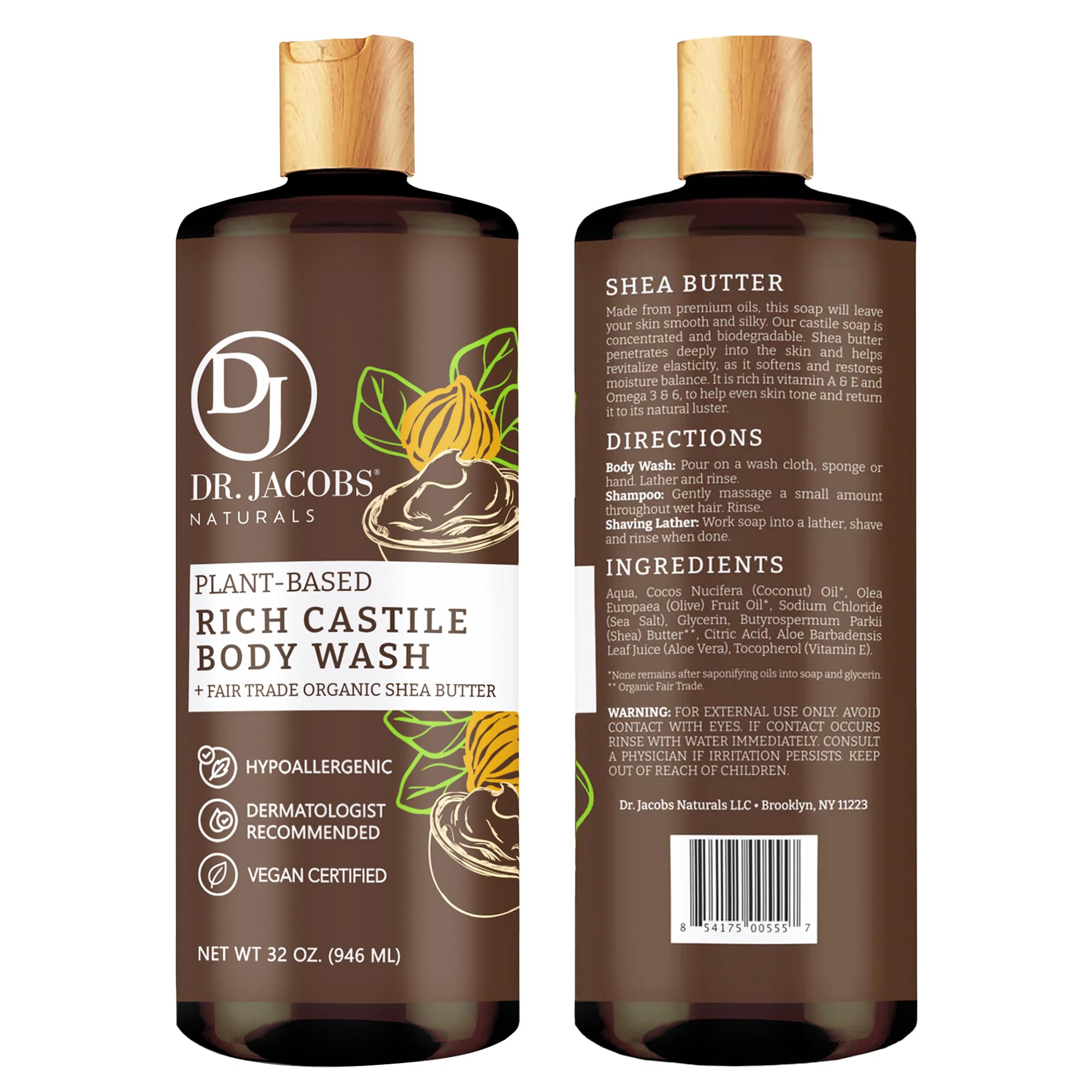 DR. JACOBS NATURALS Castile Shea Butter Body Wash | Gentle Hydration for Dry, Sensitive Skin – 32 oz