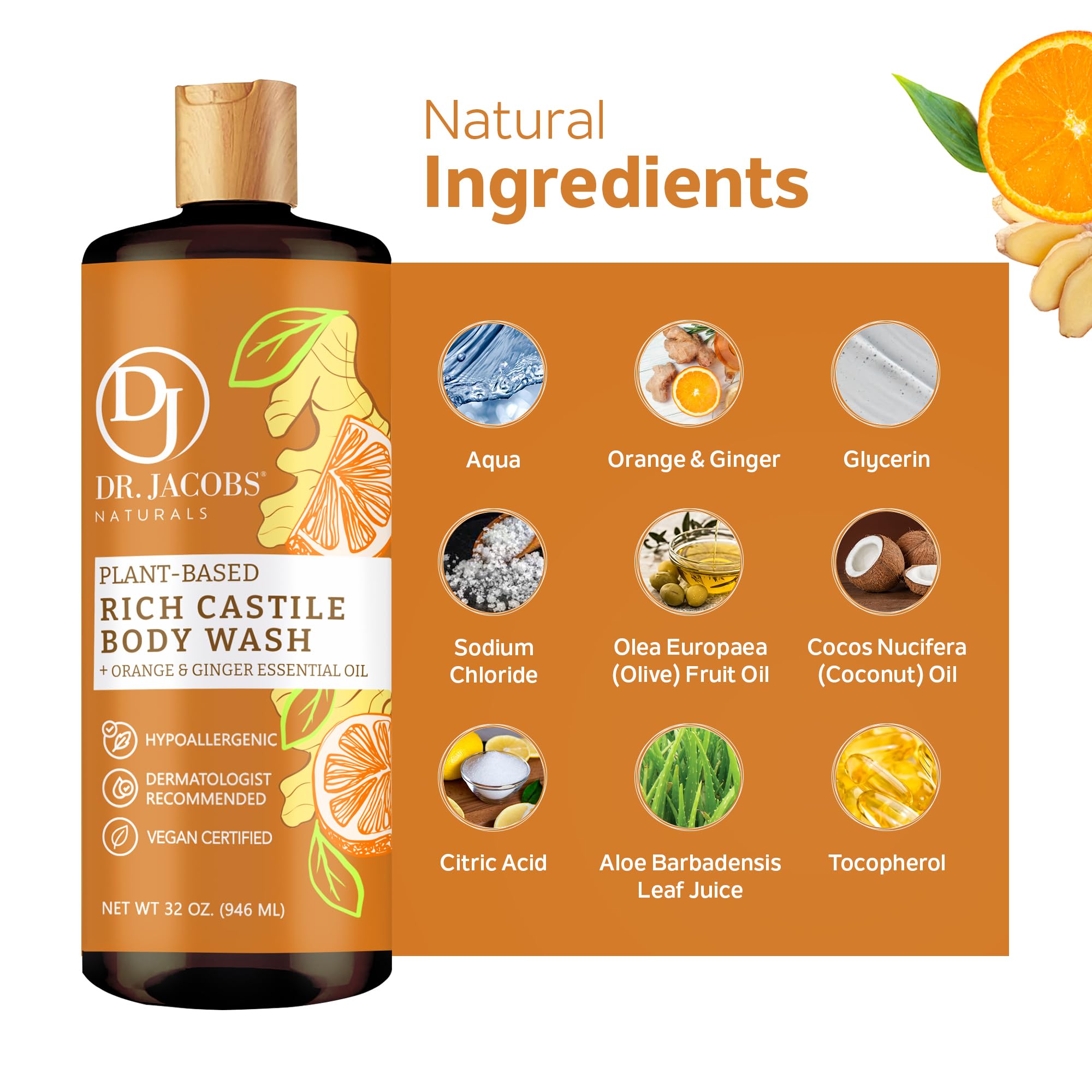 Dr. Jacobs Naturals Pure Castile Soap Liquid Body Wash – Orange & Ginger (32 oz) Pack of 3