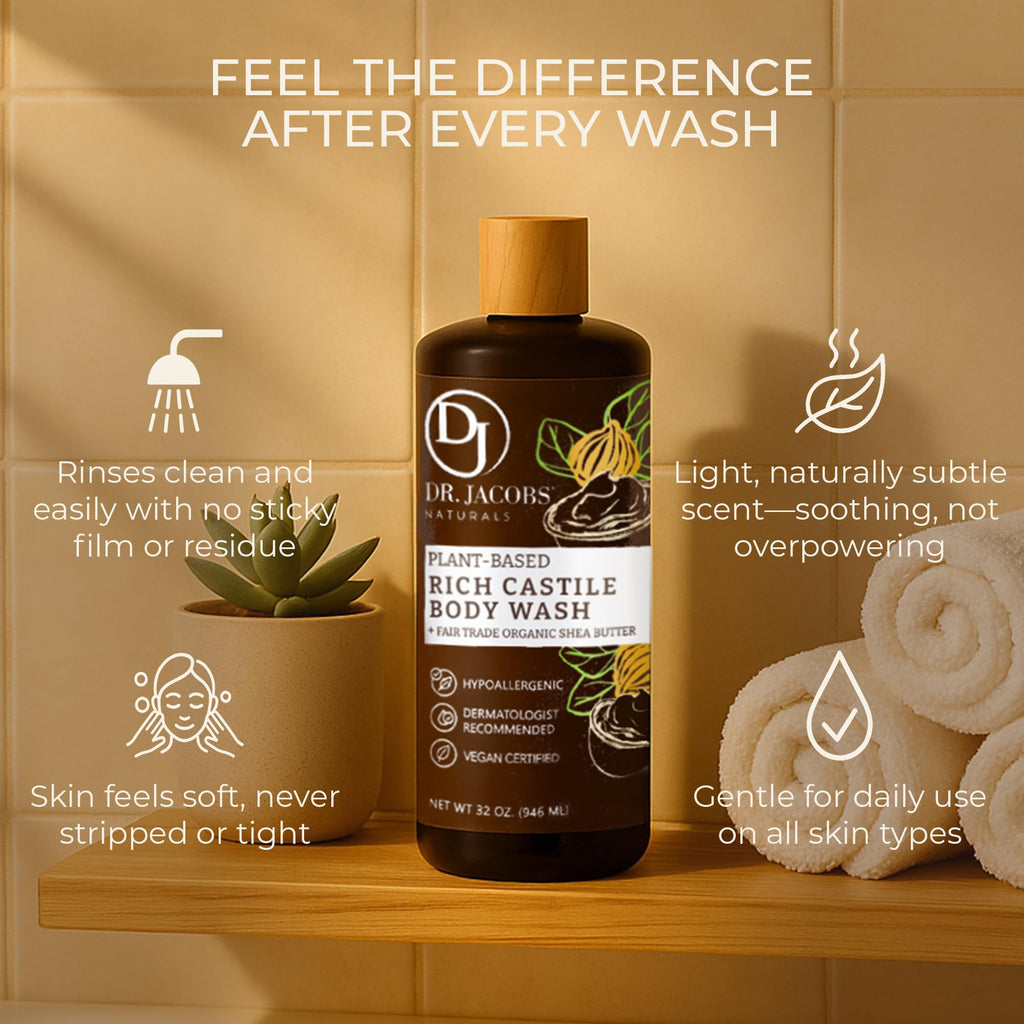 Dr. Jacobs Naturals Pure Castile Soap Body Wash – Shea Butter, Aloe Vera & Vitamin E – 32 oz (Pack of 3) – Made in USA