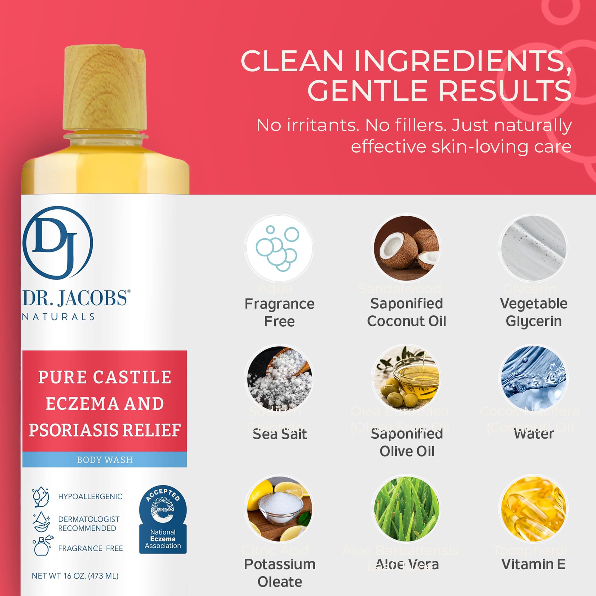 Dr. Jacobs Naturals Hypoallergenic Castile Soap – Fragrance-Free, Sensitive Skin Body Wash (16oz, 2PK)