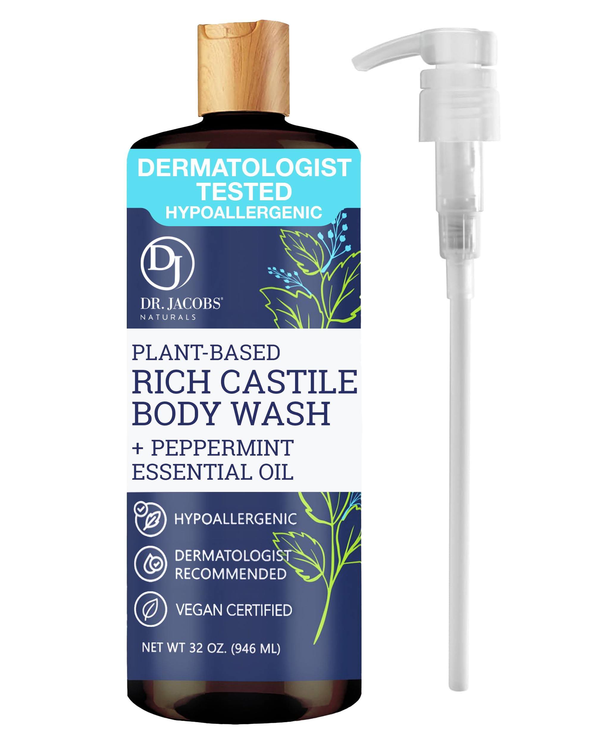 Dr. Jacobs Naturals Peppermint Castile Body Wash – All-Natural Moisturizing, Pump 32oz