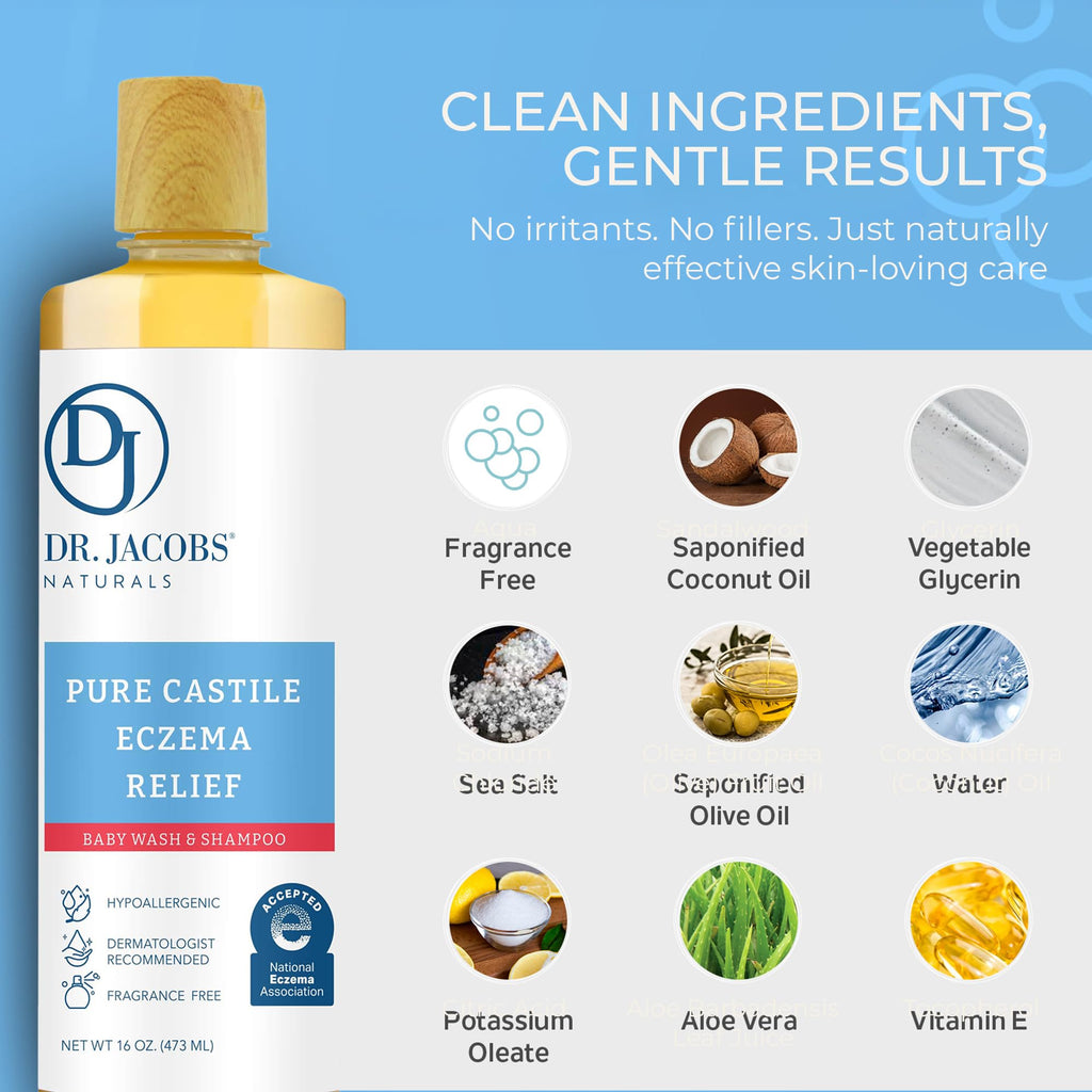 DR.JACOBS NATURALS Pure Castile Baby Wash – Gentle, Fragrance-Free for Sensitive Skin (16 oz)