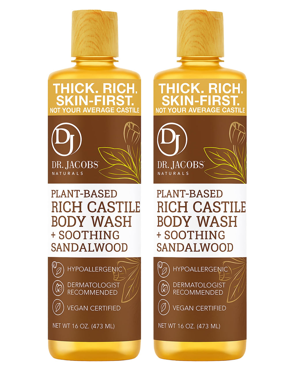 DR.JACOBS NATURALS Pure Castile Soap Liquid Body Wash – Sandalwood, Aloe Vera & Vitamin E, 2x16 oz, Made in USA